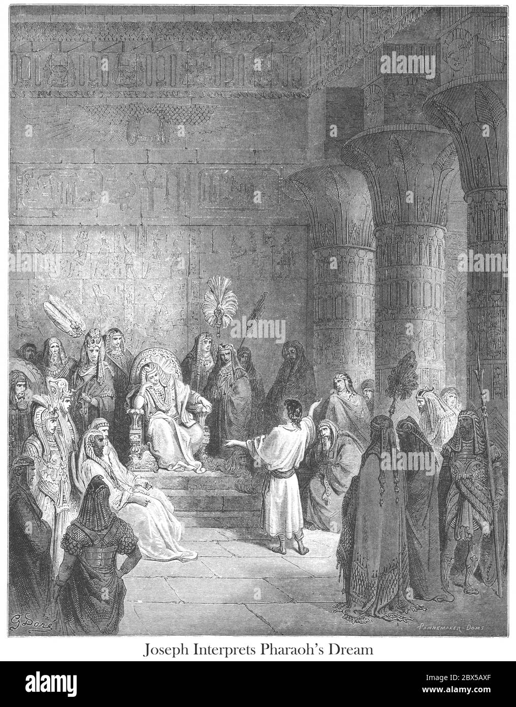 Joseph Interpreting the Pharaoh's Dream Genesis 41:25-26 aus dem Buch 'Bible Gallery' illustriert von Gustave Dore mit Erinnerungen von Doré und beschreibende Buchpresse von Talbot W. Chambers D.D. Herausgegeben von Cassell & Company Limited in London und gleichzeitig von Mame in Tours, Frankreich im Jahr 1866 Stockfoto