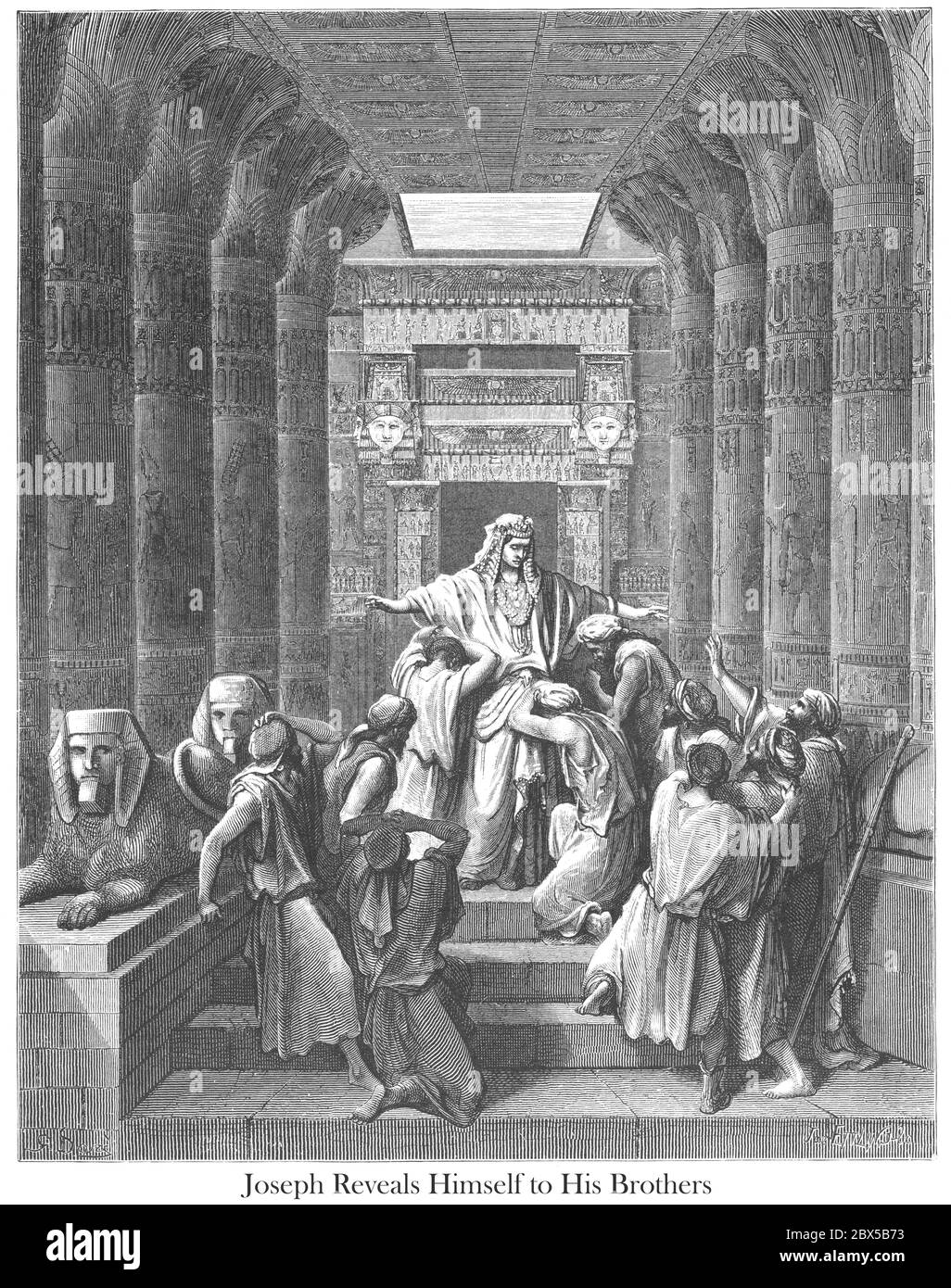 Joseph offenbart sich seinen Brüdern Genesis 45:1 aus dem Buch 'Bible Gallery' illustriert von Gustave Dore mit Erinnerungen an Doré und beschreibende Buchpresse von Talbot W. Chambers D.D. Herausgegeben von Cassell & Company Limited in London und gleichzeitig von Mame in Tours, Frankreich im Jahr 1866 Stockfoto