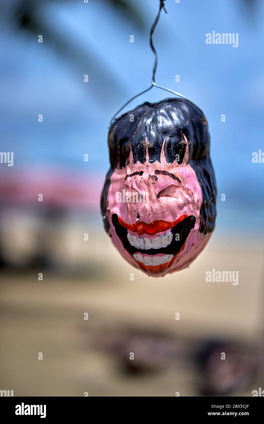 Lustige Kunst Kokosnüsse. Ungewöhnliche Kunstdarstellung von handgemalten Kokosnüssen hängen am Pattaya Strand, Thailand Südostasien als Touristenattraktion. Stockfoto