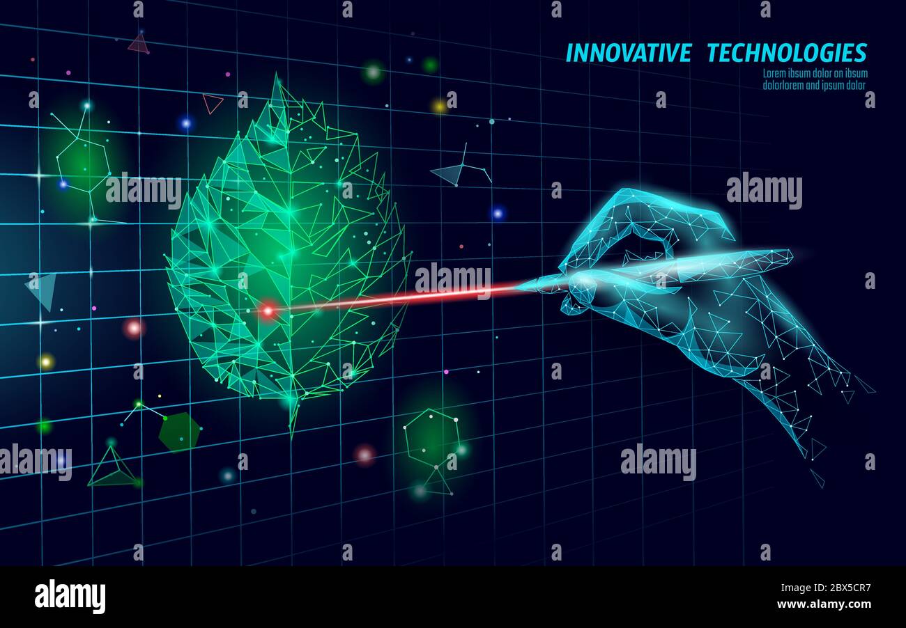 Pflanze sprießen Biotechnologie abstraktes Konzept. 3D-Render Sämling Baum Blätter DNA-Genom engineering Vitamin ergänzen. Medizinische Wissenschaft leben Eco Stock Vektor