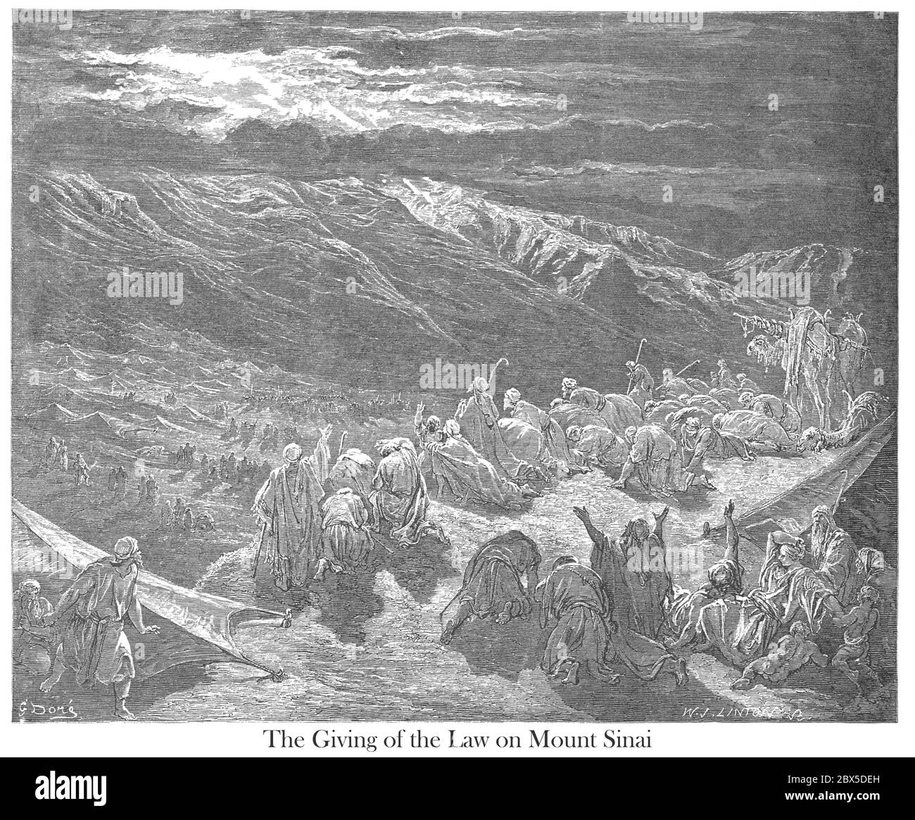 Die Abgabe des Gesetzes auf Mt. Sinai Exodus 19:18 aus dem Buch 'Bible Gallery' illustriert von Gustave Dore mit Erinnerungen an Dore und beschreibende Brief-Presse von Talbot W. Chambers D.D. Herausgegeben von Cassell & Company Limited in London und gleichzeitig von Mame in Tours, Frankreich im Jahr 1866 Stockfoto