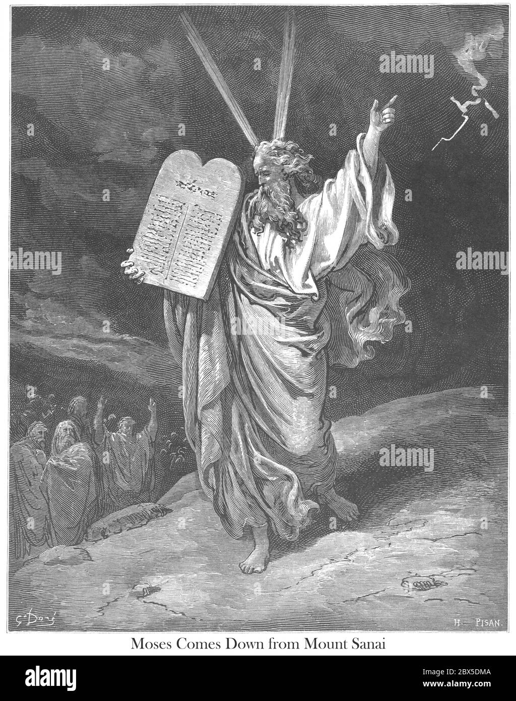 Moses Kommt Von Mt. Sinai Exodus 32:15 aus dem Buch 'Bible Gallery' illustriert von Gustave Dore mit Erinnerungen an Dore und beschreibende Brief-Presse von Talbot W. Chambers D.D. Herausgegeben von Cassell & Company Limited in London und gleichzeitig von Mame in Tours, Frankreich im Jahr 1866 Stockfoto
