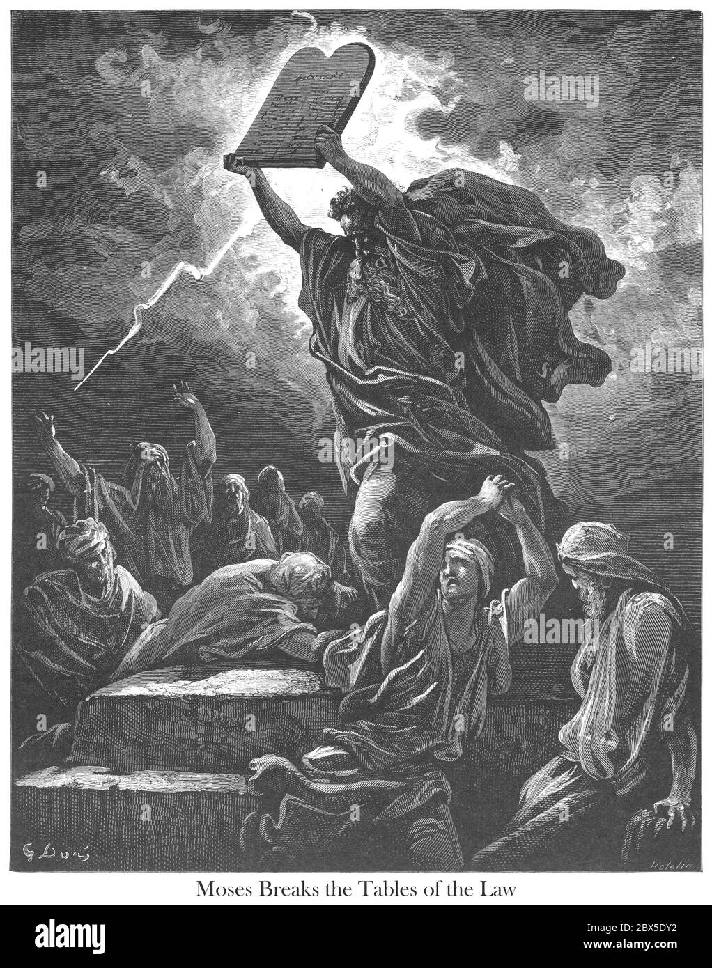 Moses die Tabellen des Gesetzes durchbrechen Exodus 32:19 aus dem Buch 'Bible Gallery' illustriert von Gustave Dore mit Erinnerungen an Dore und beschreibende Buchpresse von Talbot W. Chambers D.D. Herausgegeben von Cassell & Company Limited in London und gleichzeitig von Mame in Tours, Frankreich im Jahr 1866 Stockfoto