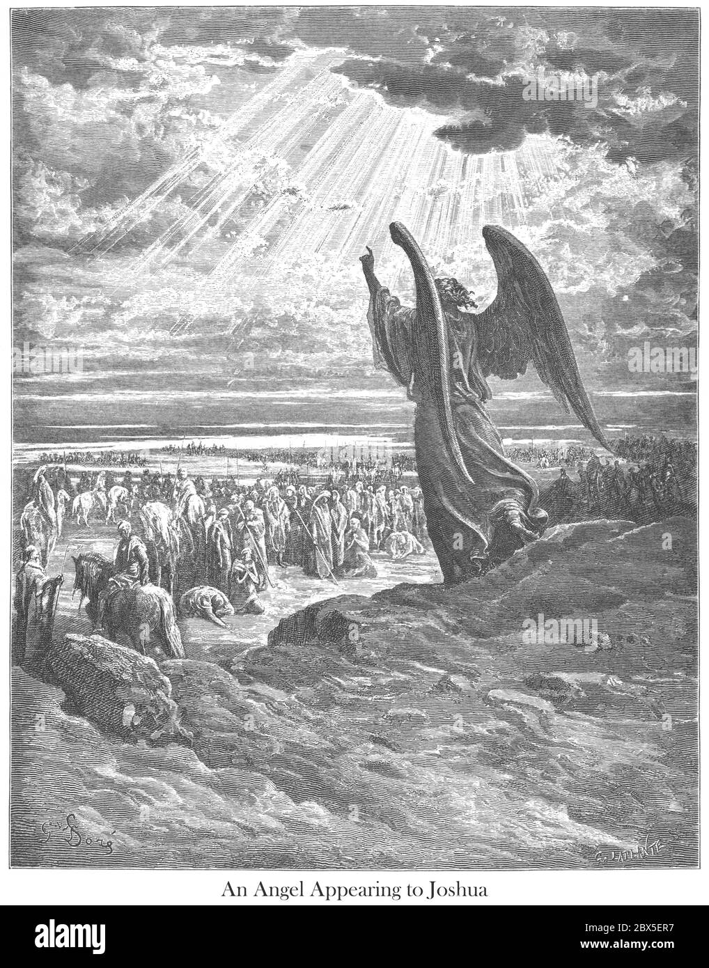 Ein Engel erscheint Josua 5:9-15 aus dem Buch 'Bible Gallery' illustriert von Gustave Dore mit Erinnerungen an Dore und beschreibende Brief-Presse von Talbot W. Chambers D.D. Herausgegeben von Cassell & Company Limited in London und gleichzeitig von Mame in Tours, Frankreich im Jahr 1866 Stockfoto