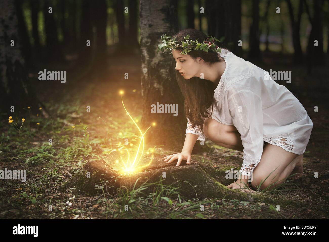 Schönes Mädchen starrt auf Feen in einem magischen Wald. Fantasiekonzept Stockfoto