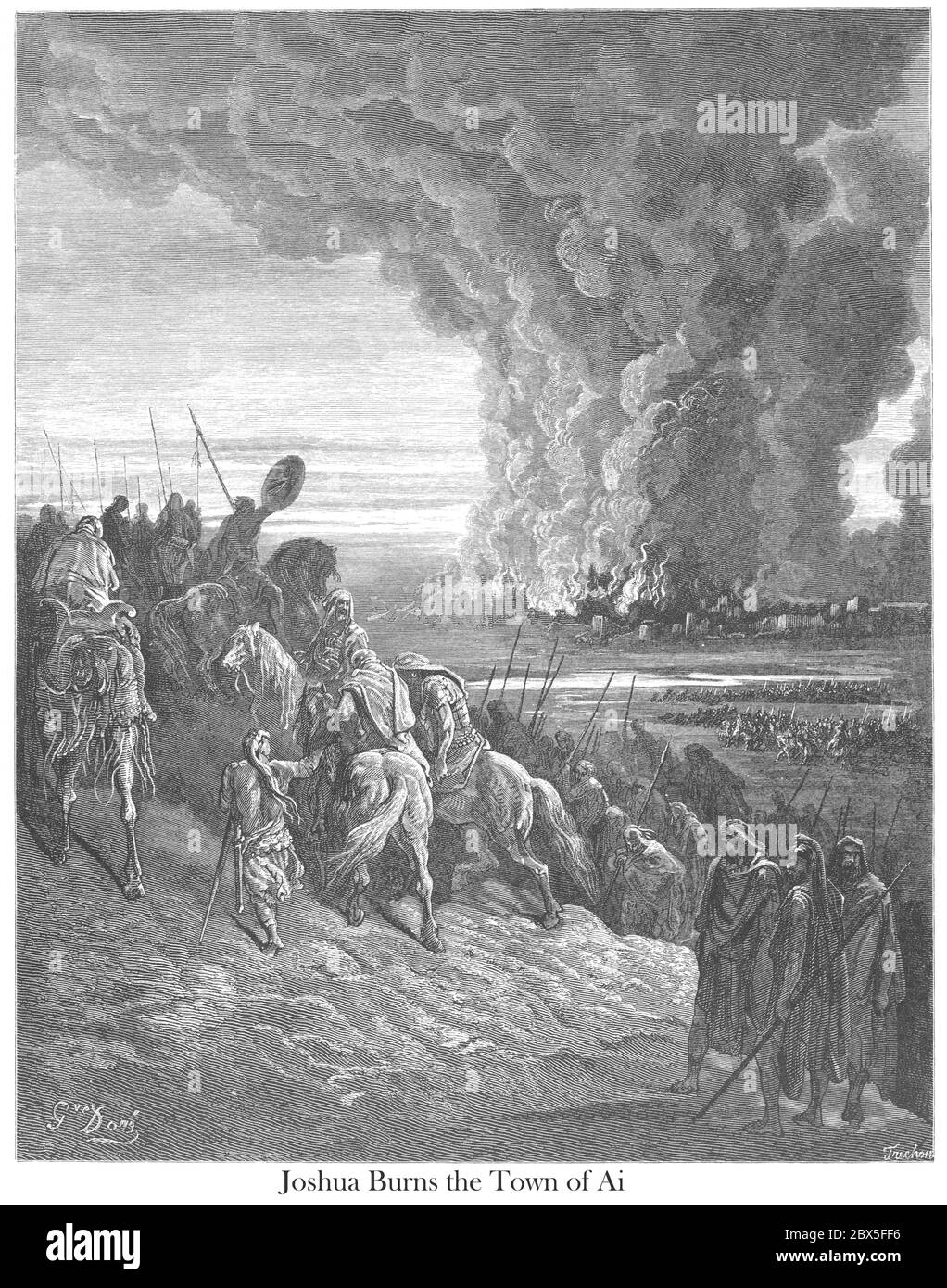 Joshua verbrennt die Stadt Ai (oder Joshua begeht die Stadt Ai zu den Flammen) Joshua 8:20 aus dem Buch 'Bibel Galerie' illustriert von Gustave Dore mit Erinnerungen an Dore und beschreibende Brief-Presse von Talbot W. Chambers D.D. Herausgegeben von Cassell & Company Limited in London und gleichzeitig von Mame in Tours, Frankreich im Jahr 1866 Stockfoto