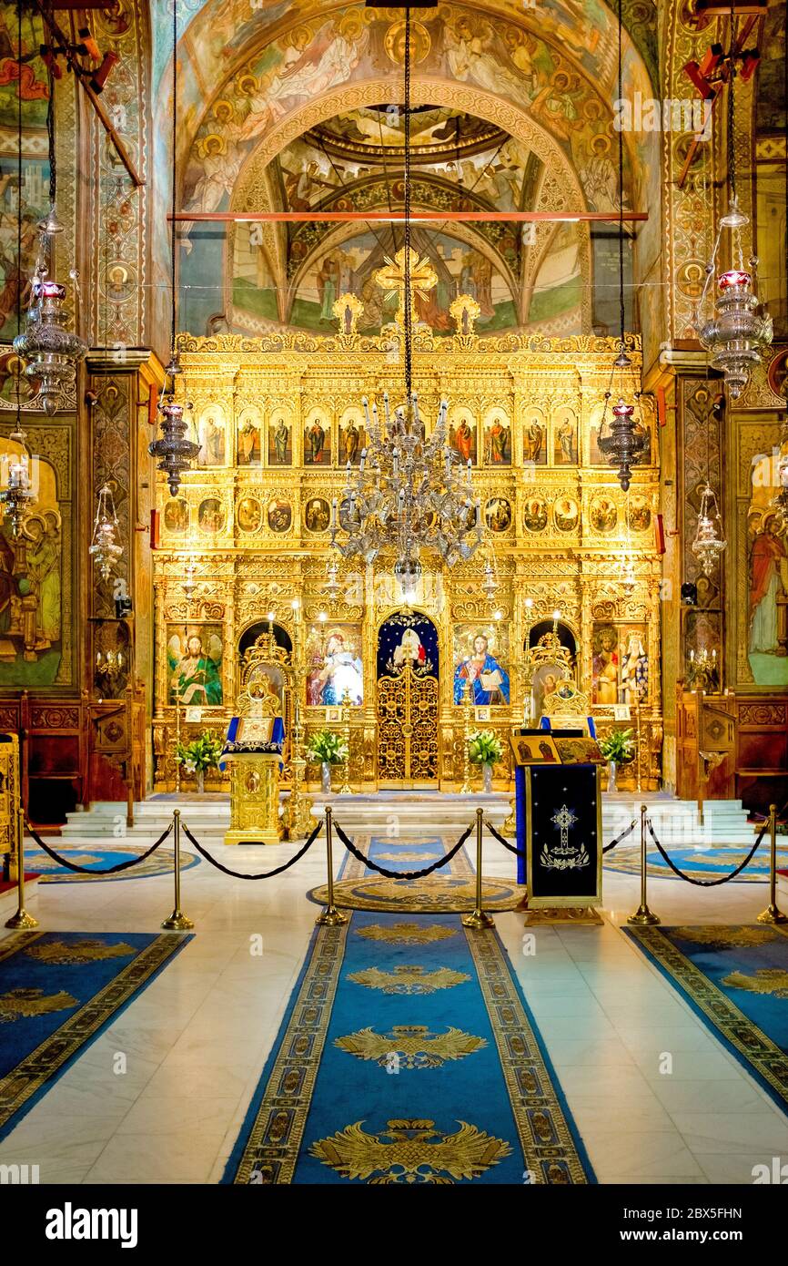 Hauptaltar der Rumänischen Orthodoxen Patriarchale Kathedrale, Bukarest, Rumänien Stockfoto