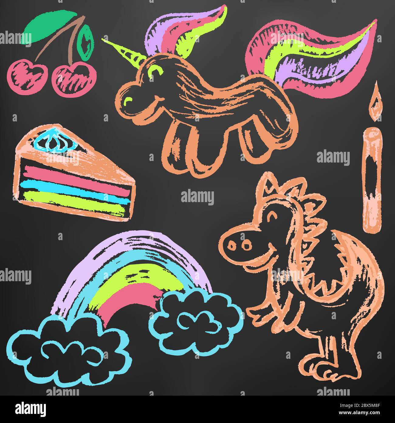 Niedliche Kinderzeichnung. Farbige Wachsmalstifte auf schwarzem Hintergrund. Symbole, Zeichen, Symbole, Stifte. Einhorn, Dinosaurier, Regenbogen-Kuchenkirsche Stock Vektor