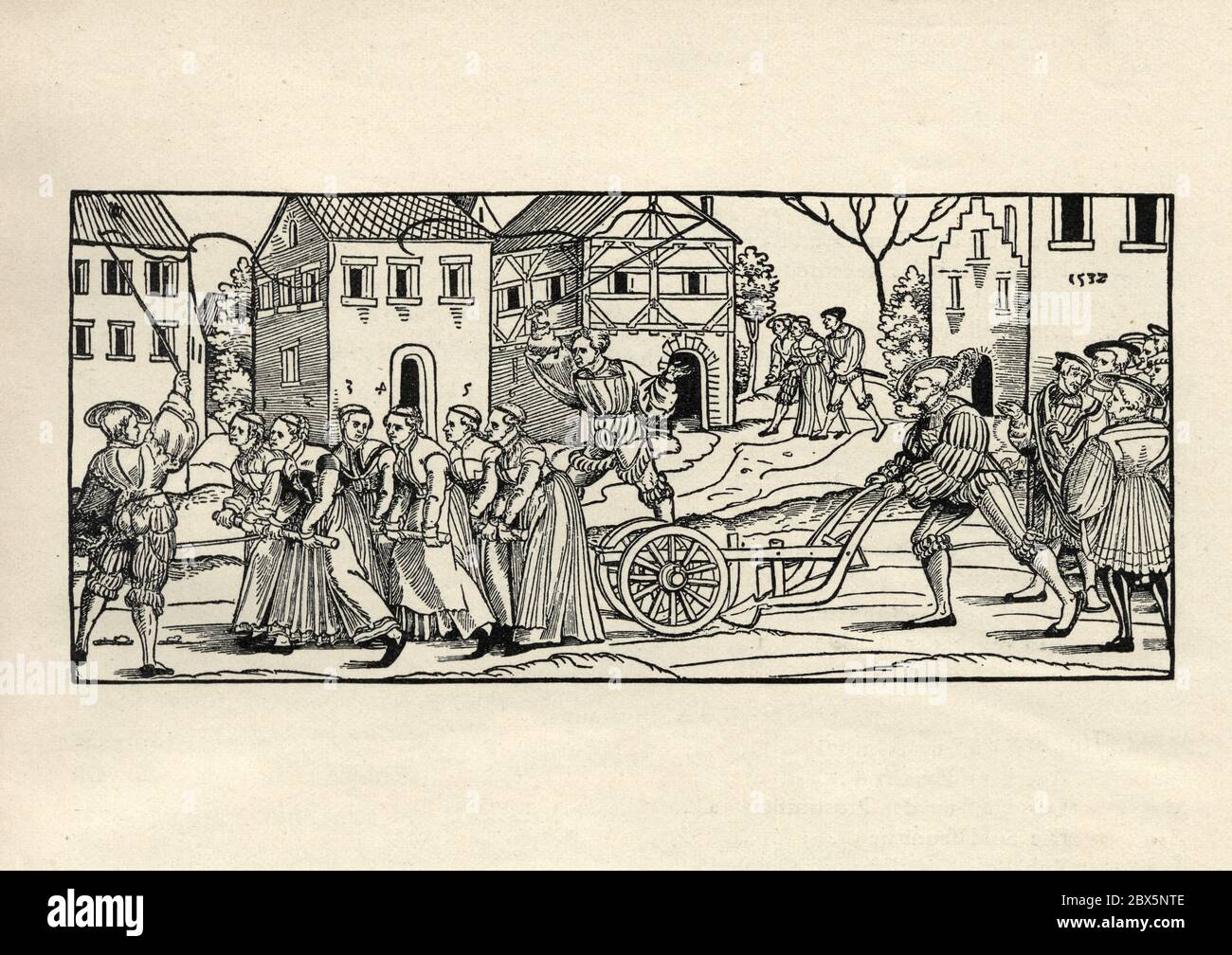 Mittelalterliches Karnevalsverfahren. Das Pflügen der Jungfrauen, die im vergangenen Jahr, 16. Jahrhundert zurückblieben Stockfoto