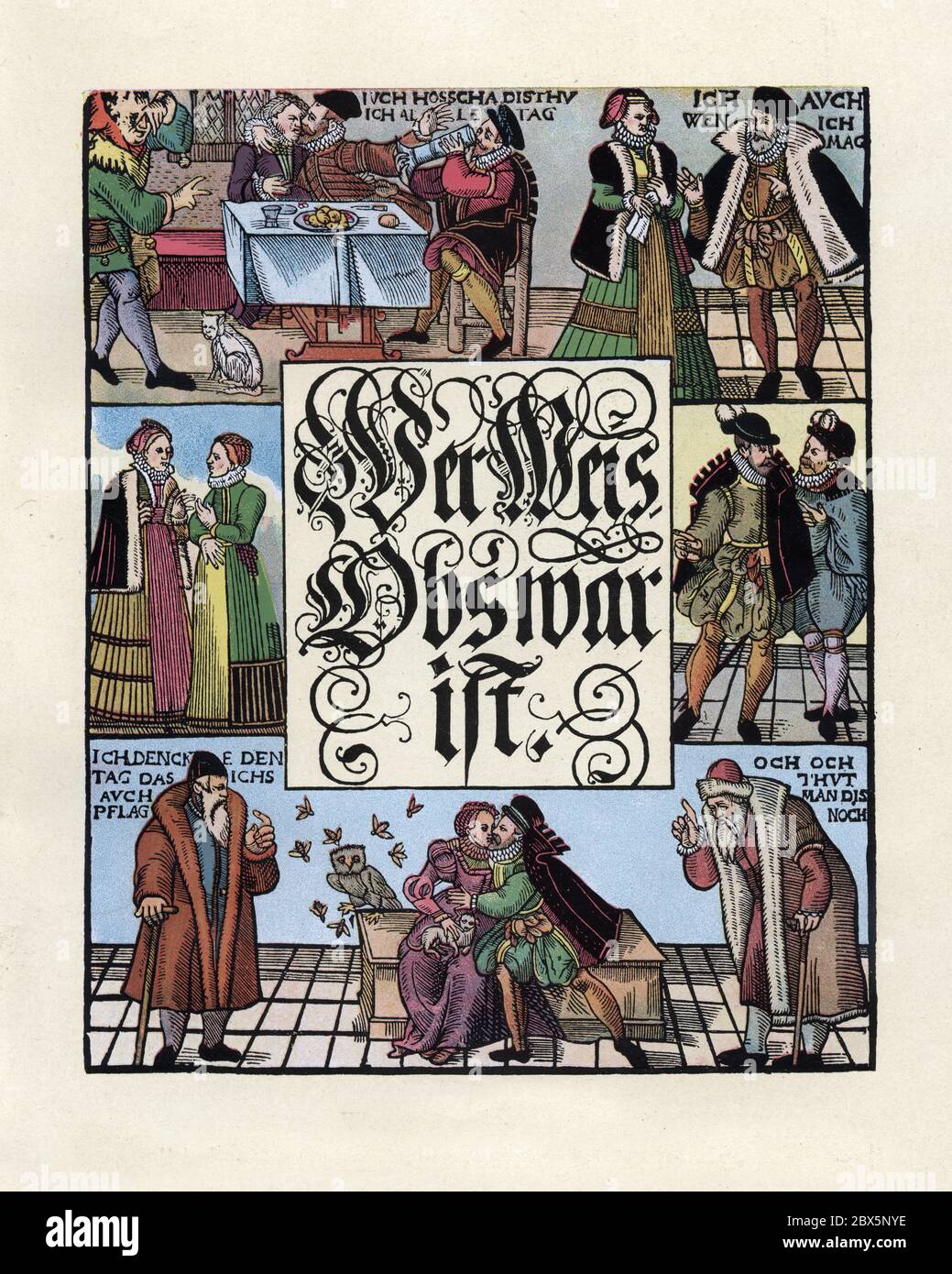Wer weiß, ob es wahr ist. Satirischer Holzschnitt eines anonymen Augsburger Meisters auf das Liebesgelübde der Männer. Um 1550, Deutsch Stockfoto