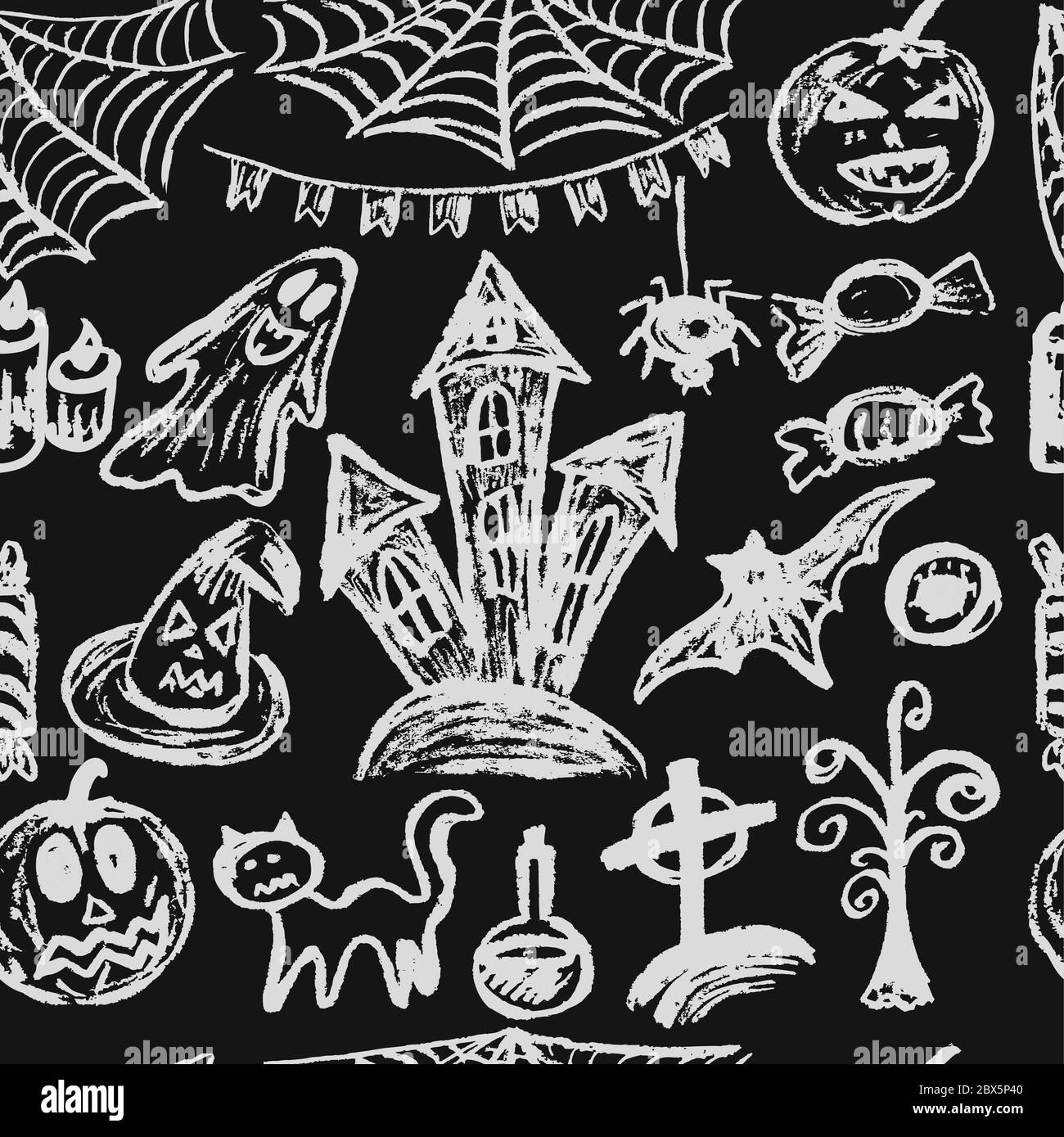 Halloween. Nahtloses Muster. Kollektion festlicher Elemente. Herbstferien. Kürbis, Spinnennetz, Fahnen, Kerze, Geist finster Schloss Auge Trank Baum ca. Stock Vektor