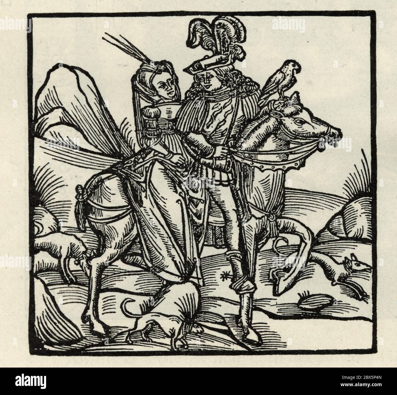 Adlige und Adlige reiten auf dem Weg zur Jagd doppelt zu Pferd. Holzschnitt 15. Jahrhundert Stockfoto