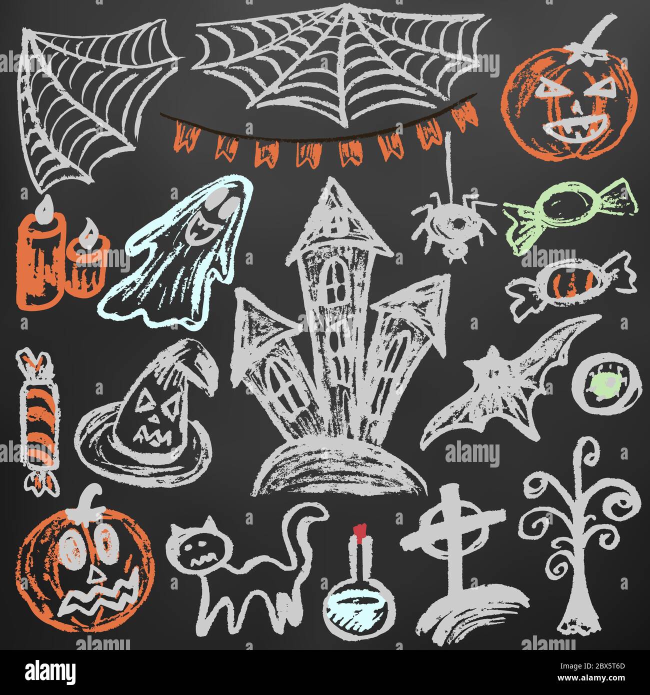 Halloween. Eine Reihe von lustigen Objekten. Farbkreide auf einer Tafel. Kollektion festlicher Elemente. Herbstferien. Kürbis, Spinnennetz, Fahnen, Kerze, Geist Stock Vektor