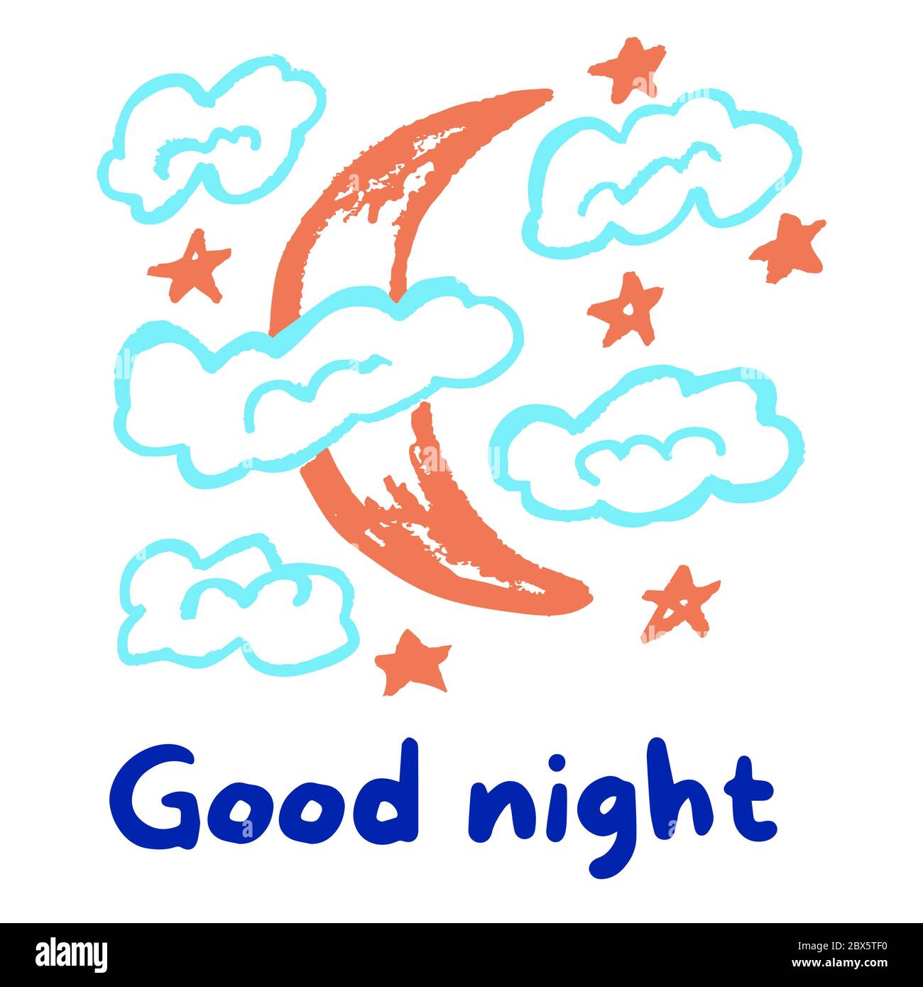 Niedliche Kinderzeichnung. Farbige Wachsmalstifte. Symbole, Zeichen, Symbole, Stifte. Mond Wolken Sterne gute Nacht Stock Vektor
