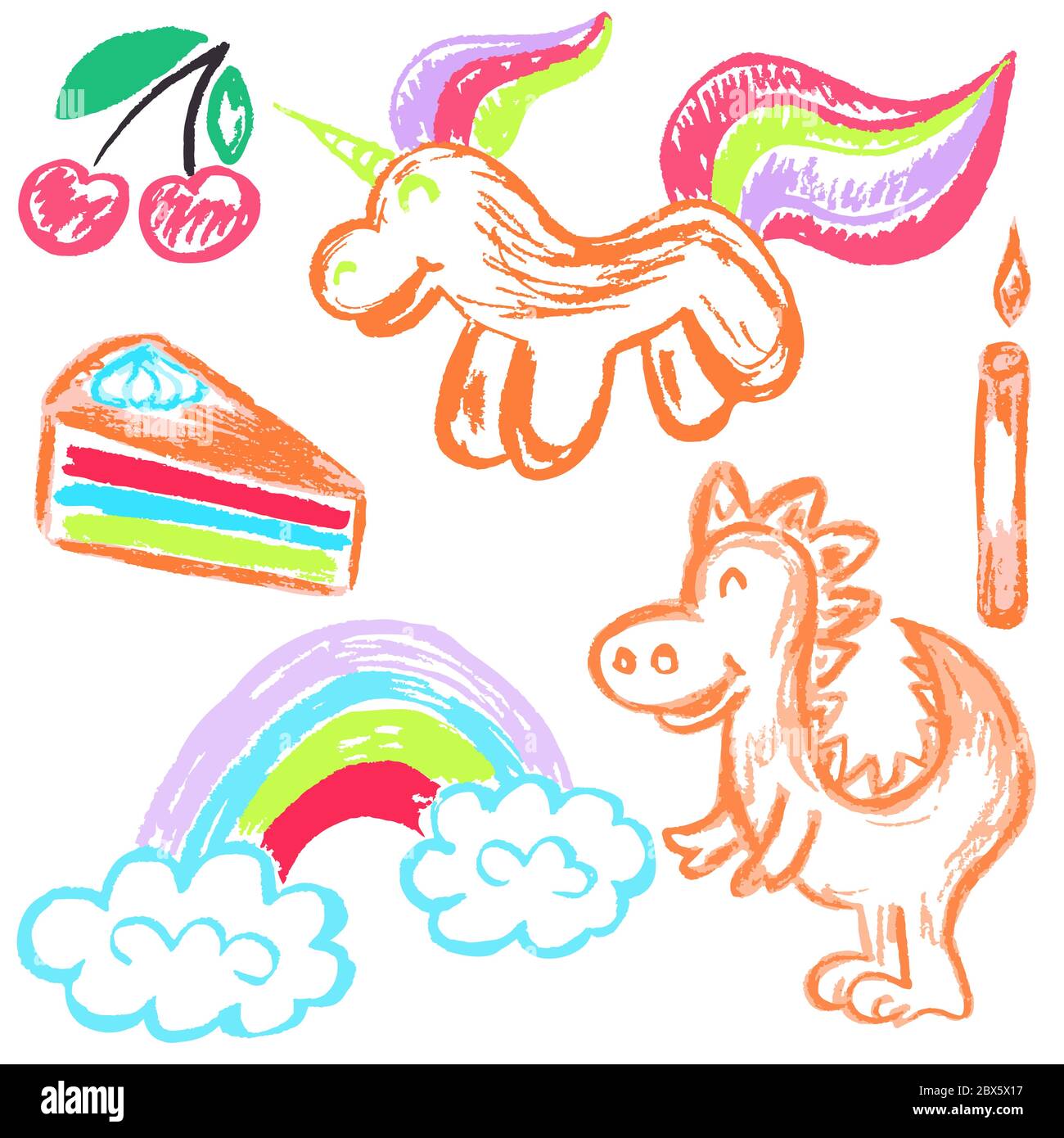Niedliche Kinderzeichnung. Farbige Wachsmalstifte. Symbole, Zeichen, Symbole, Stifte. Einhorn Dinosaurier Regenbogen Kuchenkirsche Stock Vektor