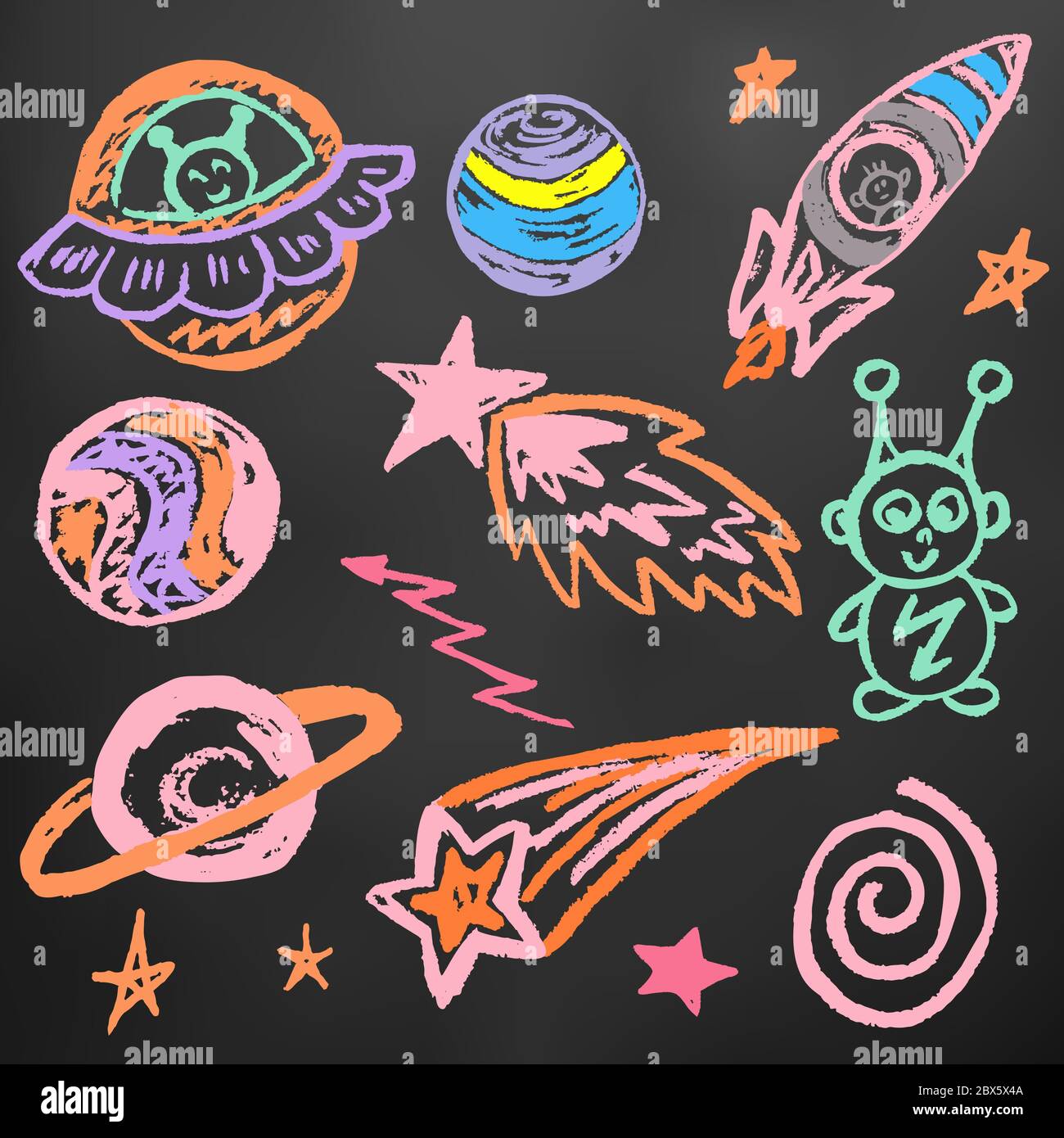 Niedliche Kinderzeichnung. Farbige Wachsmalstifte auf schwarzem Hintergrund. Symbole, Zeichen, Symbole, Stifte. Raumelemente. Planet, Sternkomet Stock Vektor