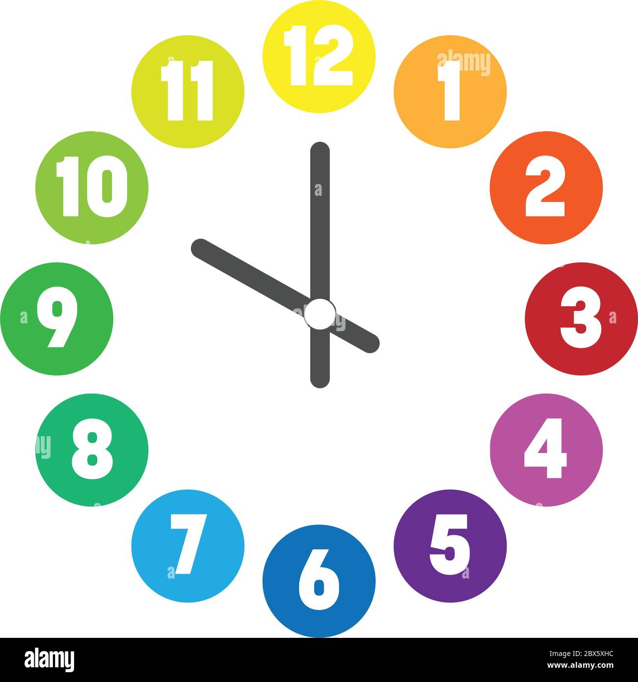 Farbenfrohe Uhr. Stundenwahlschalter mit Ziffern in farbigen Kreisen. Einfache flache Vektorgrafik. Stock Vektor