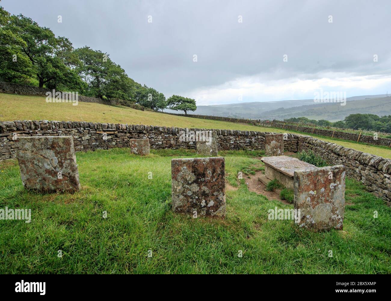 Die Gräber der Familie Hancock, die 1666 der Beulenpest zum Opfer fiel, sind auf einem Hügel oberhalb des Dorfes Eyam in Derbyshire abgebildet. Nachdem im Mai 1666 im Dorf Eyam der erste Fall der Beulenpest gefunden wurde, gingen die Dorfbewohner in eine selbstauferlegte Isolation, um zu verhindern, dass sich die Infektion auf die Nachbargemeinden ausbreitet. Ein Umfang von Steinen umgab das Dorf mit niemand erlaubt, die Grenze in beiden Richtungen bis November 1667 zu überqueren. Stockfoto
