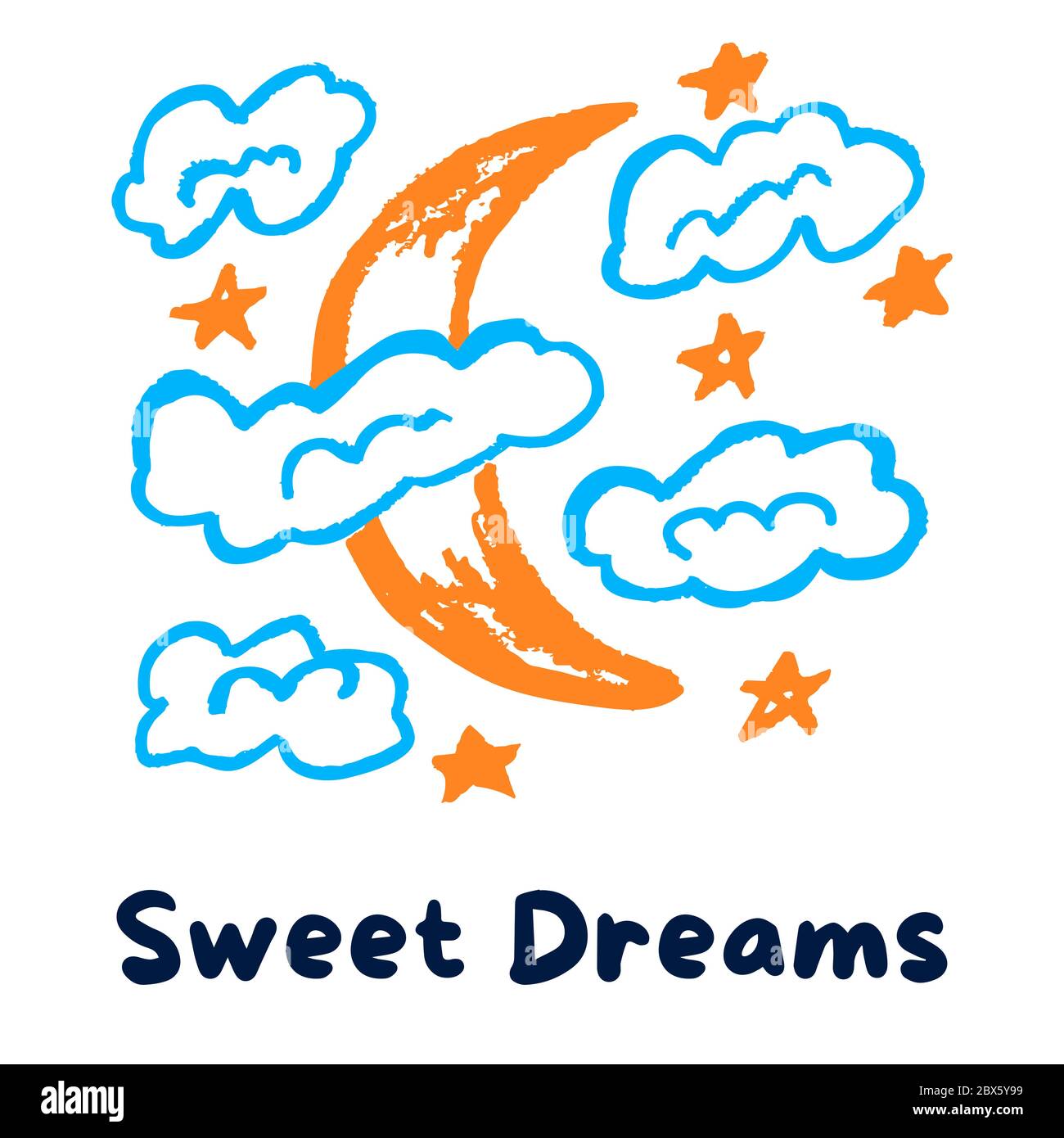 Niedliche Kinderzeichnung. Farbige Wachsmalstifte. Symbole, Zeichen, Symbole, Stifte. Mond Wolken Sterne Sweet Dreams Stock Vektor