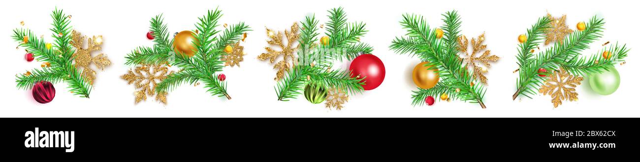 Set von Weihnachtsbaumzweigen mit Kugeln, goldene Schneeflocken und Stücke von Serpentin auf weißem Hintergrund Stock Vektor