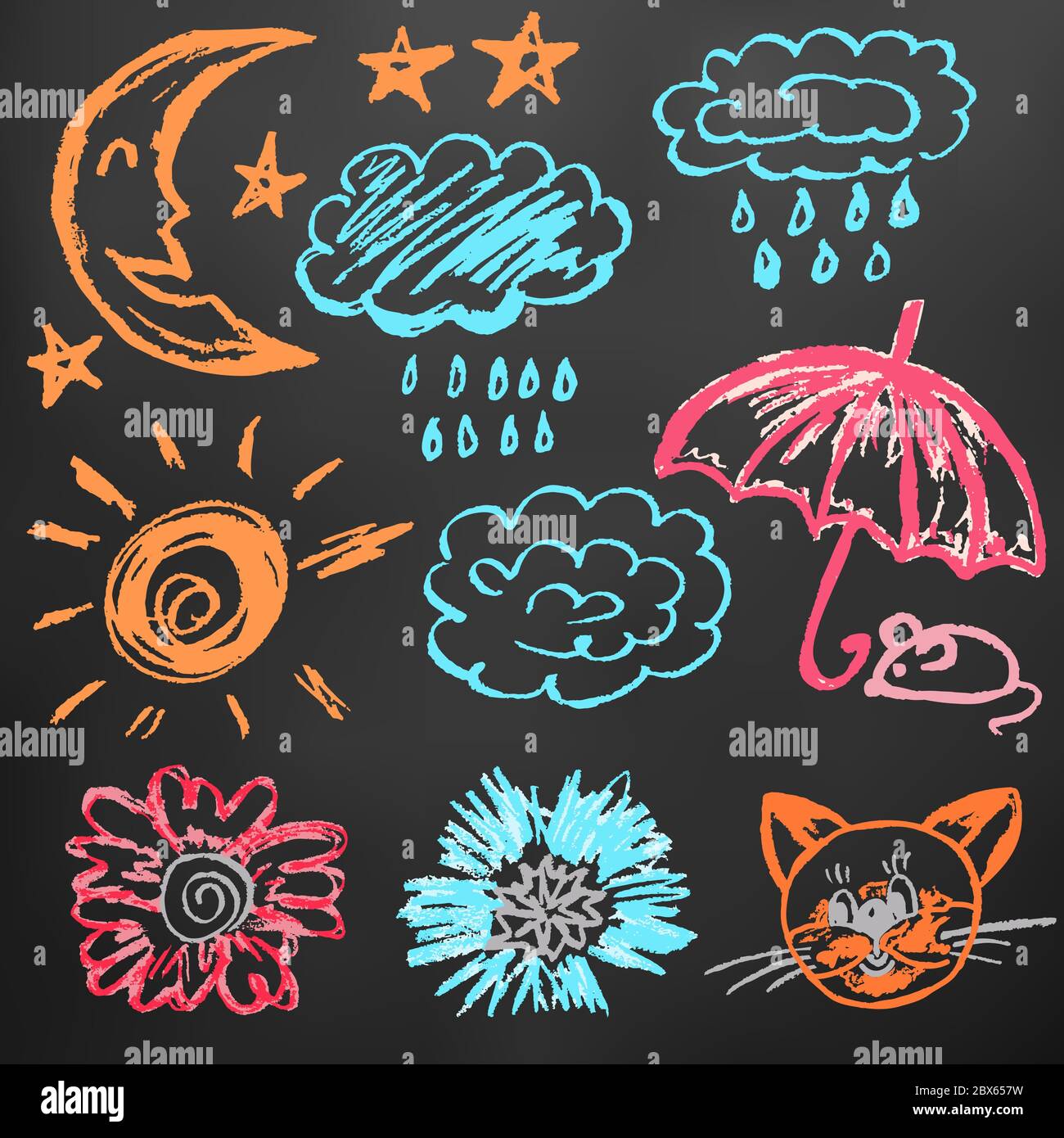 Niedliche Kinderzeichnung. Farbige Wachsmalstifte auf schwarzem Hintergrund. Symbole, Zeichen, Symbole, Stifte. Wolken, Regen, Mond, Sterne Regenschirm Maus Katze Stock Vektor