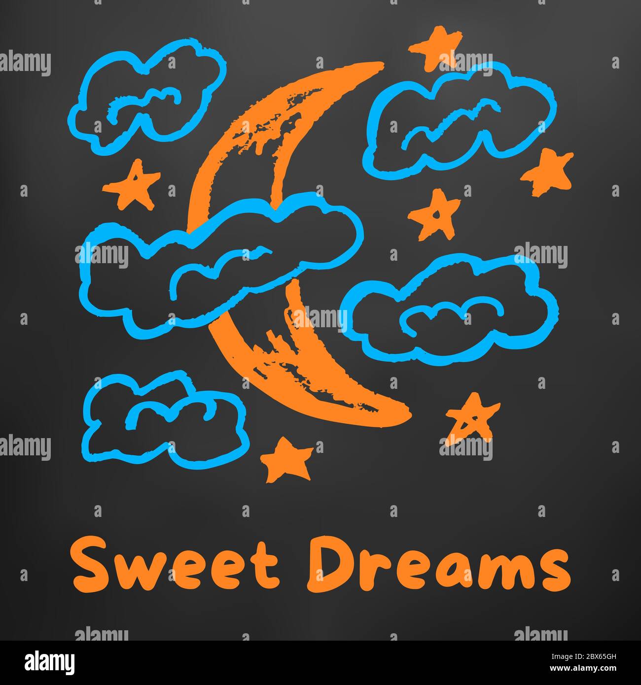 Niedliche Kinderzeichnung. Farbige Wachsmalstifte auf schwarzem Hintergrund. Symbole, Zeichen, Symbole, Stifte. Mond, Wolken, Sterne Süße Träume Stock Vektor