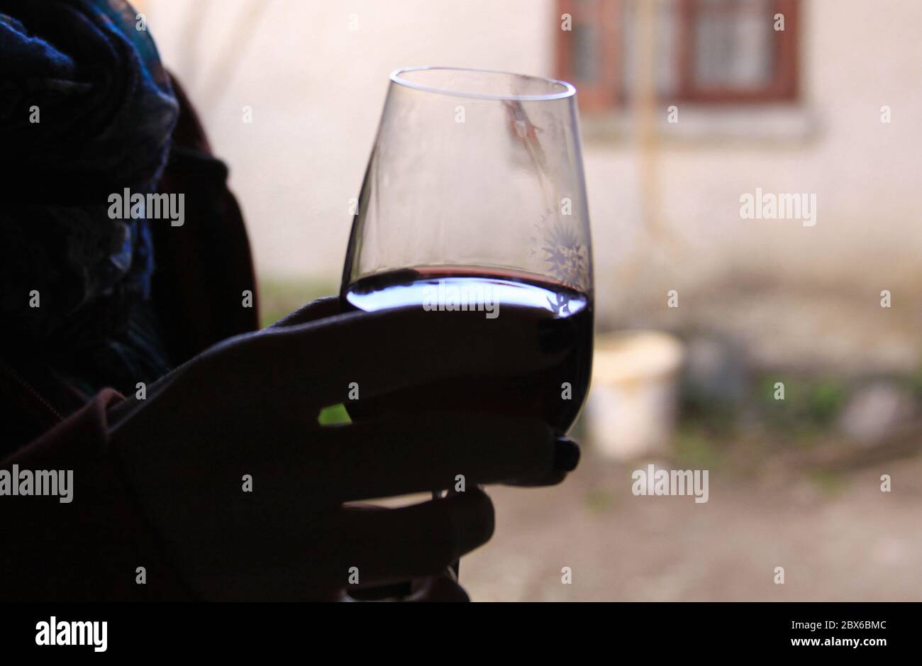 Hand Silhouette hält Rotwein im Glas bei Weinprobe in Weingut Stockfoto
