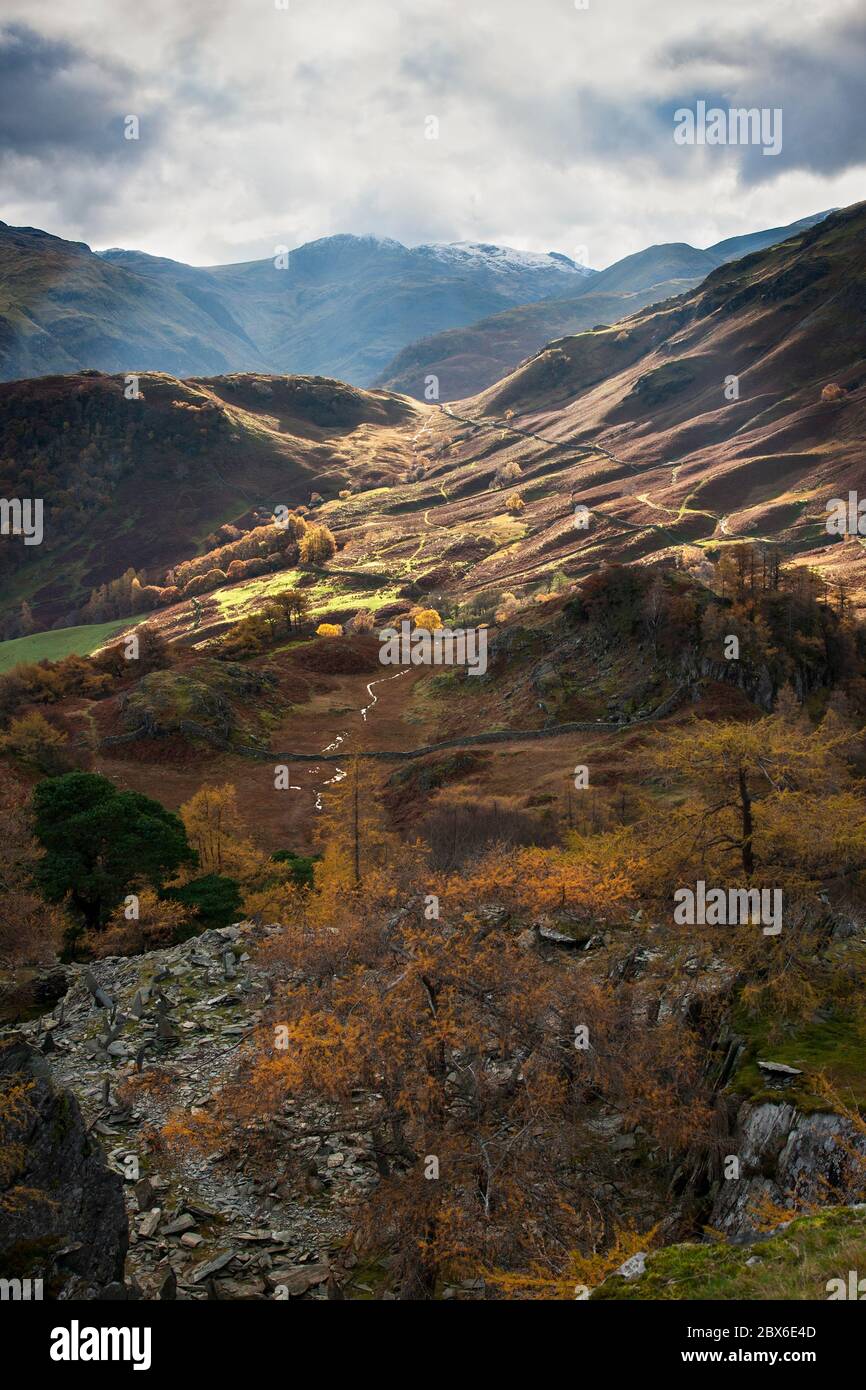 Herbststrahlen des Sonnenlichts, die durch Wolken strömen und das untere Borrowdale Tal erleuchten, von Castle Crag, Lake District, Cumbria, England aus gesehen Stockfoto