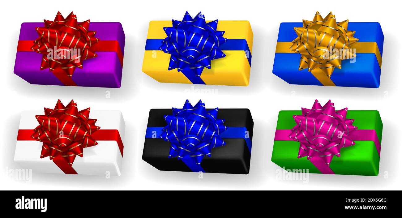 Set von bunten Geschenkschachteln mit Bändern, Schleifen und Schatten Stock Vektor