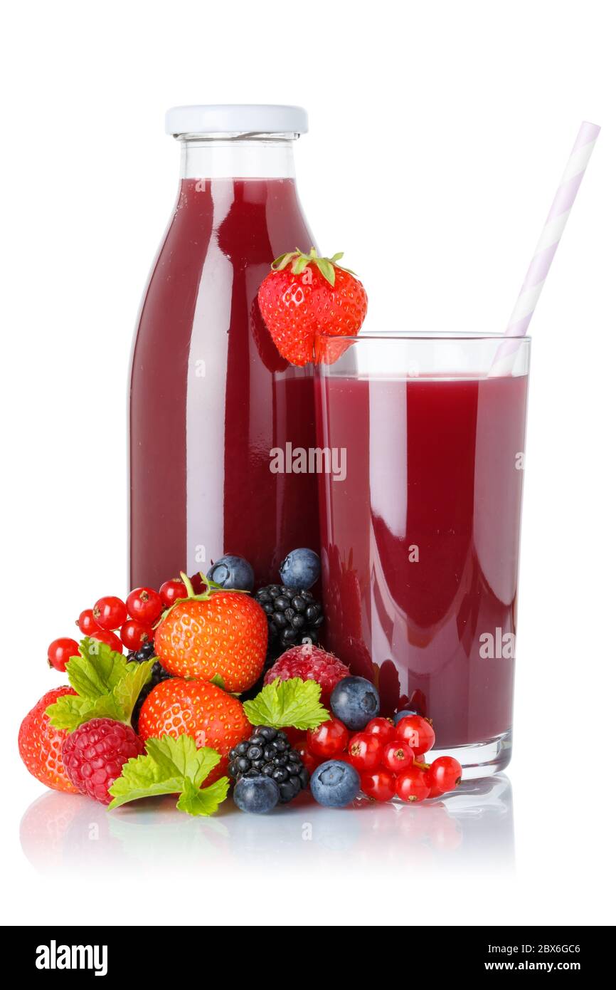 Berry Smoothie Fruchtsaft trinken wilde Beeren Glas und Flasche auf einem weißen Hintergrund isoliert Stockfoto