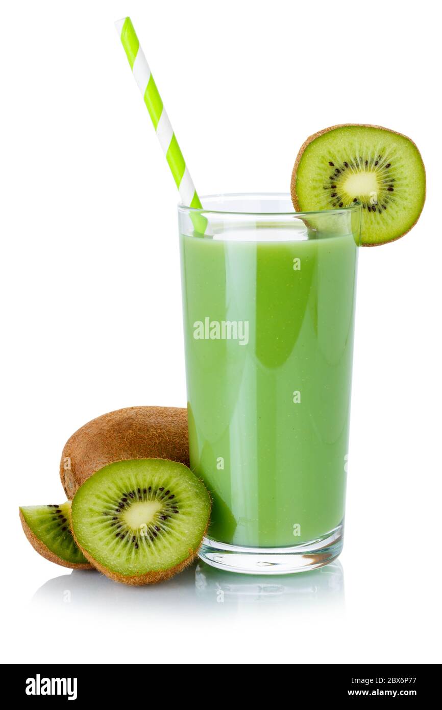 Grüner Smoothie Fruchtsaft Getränk Stroh Kiwi in einem Glas isoliert auf einem weißen Hintergrund Stockfoto