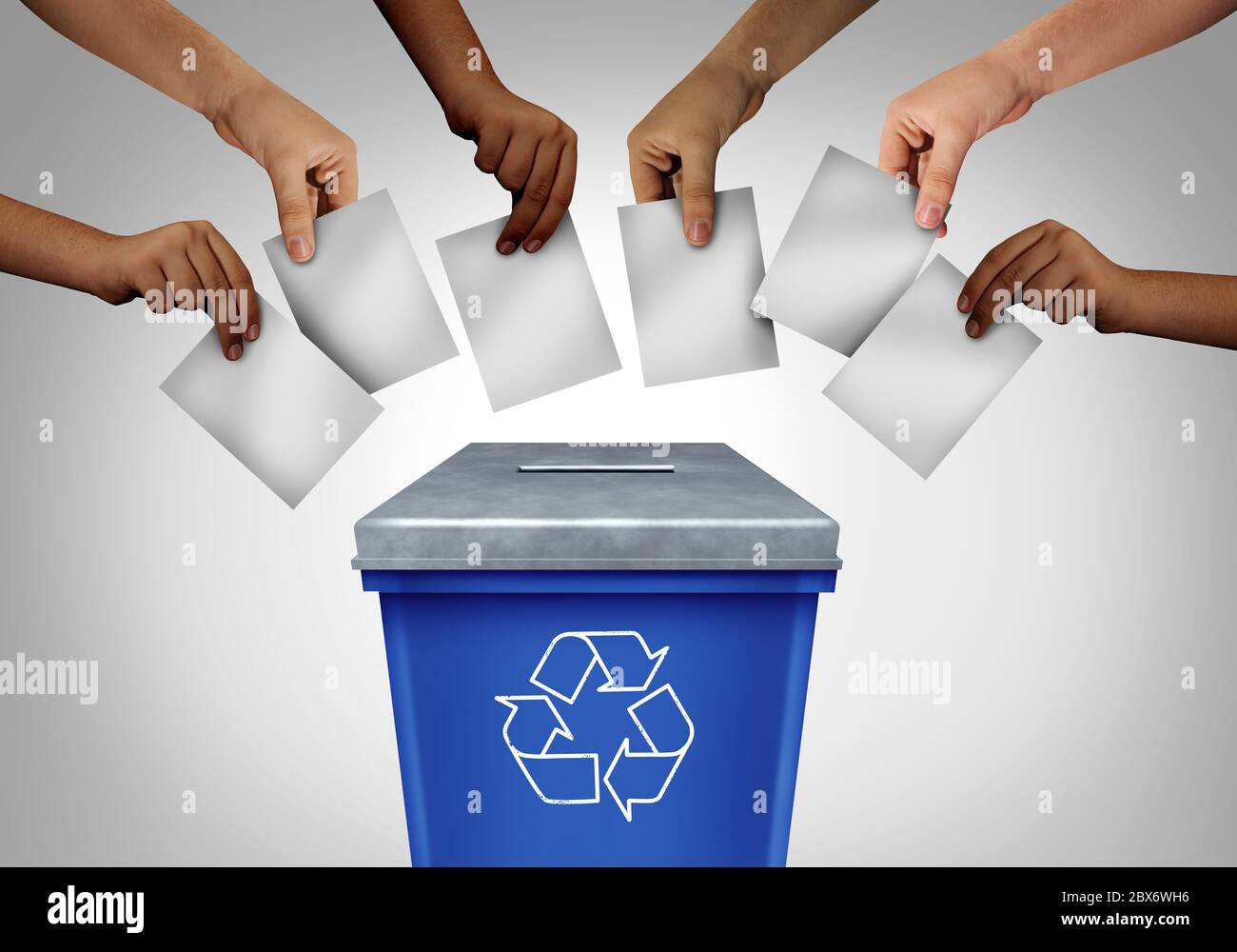 Vergeudete Wahl und Wahlbetrug Konzept als verschiedene Hände Gießen Stimmzettel in einem Wahllokal geformt wie ein Recycling-Papierkorb als manipulierte Wahl. Stockfoto