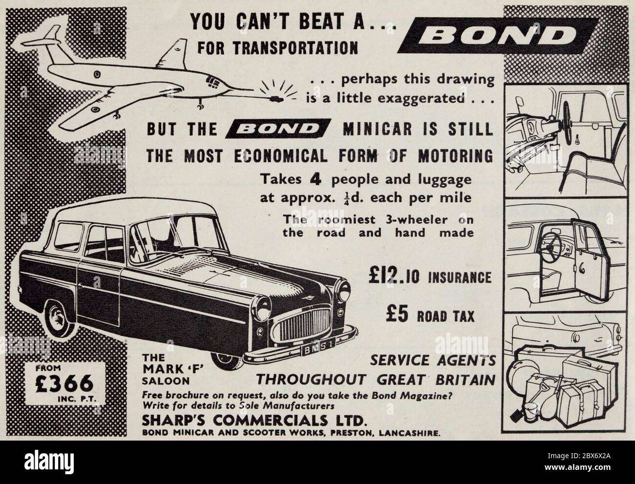 Vintage-Werbung für den britischen Bond Minicar drei Rädern Limousine Auto. Stockfoto