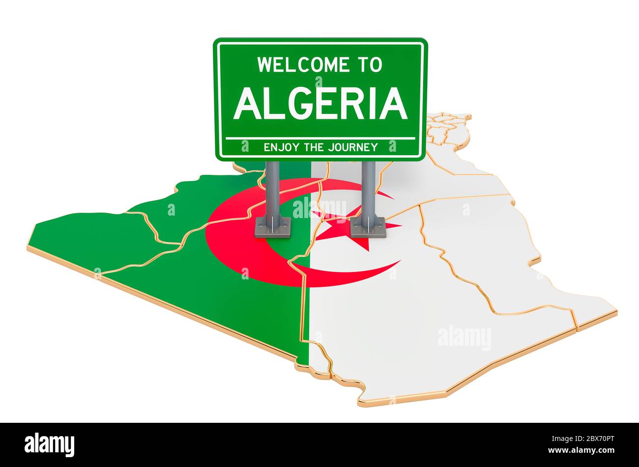 Billboard Willkommen in Algerien auf Algier Karte, 3D Rendering isoliert auf weißem Hintergrund Stockfoto