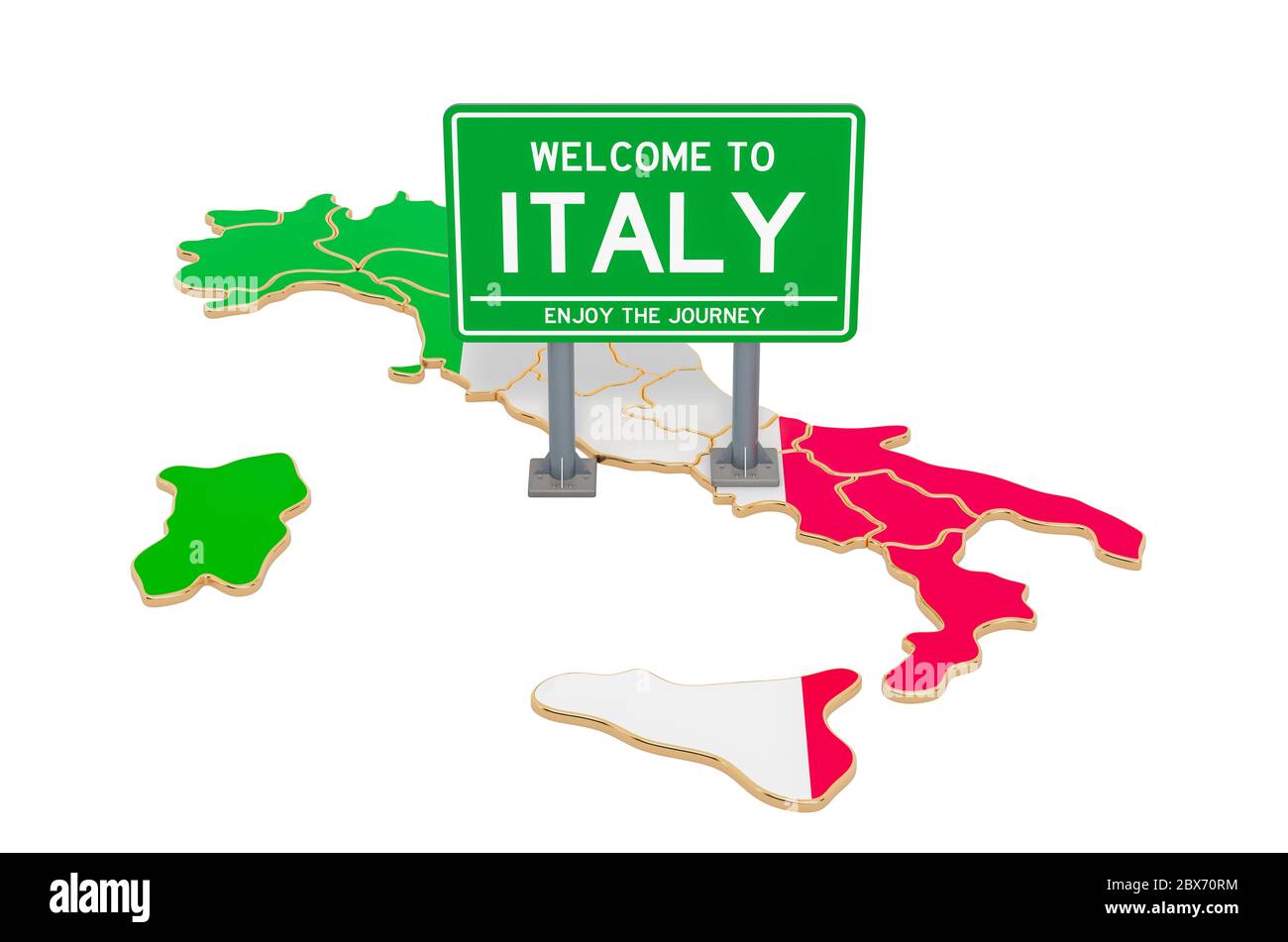 Billboard Willkommen in Italien auf italienischer Karte, 3D-Rendering isoliert auf weißem Hintergrund Stockfoto