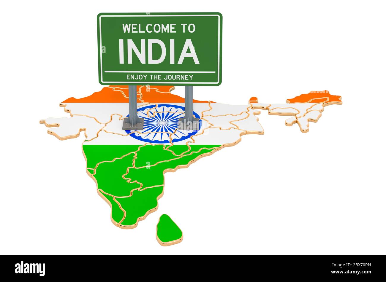 Billboard Willkommen in Indien auf indischer Karte, 3D-Rendering isoliert auf weißem Hintergrund Stockfoto