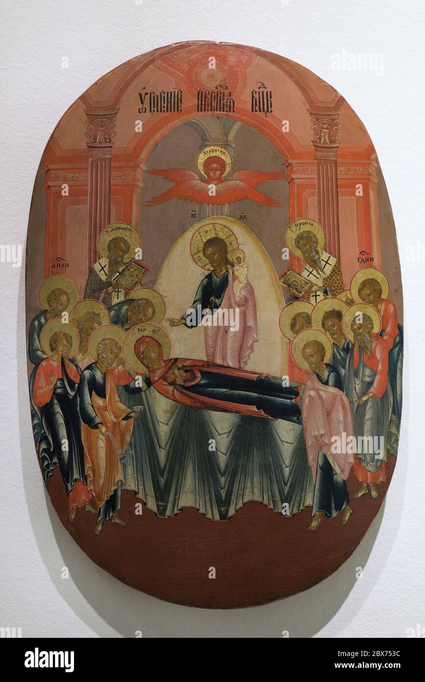 Dormition der Jungfrau Maria (Koimesis). Ende des 18. Jahrhunderts - Anfang des 19. Jahrhunderts. Russische Schule. Öl an Bord. Private Sammlung ausleihen. Museum für Pilgerfahrt und Santiago. Santiago de Compostela, Galicien, Spanien. Stockfoto