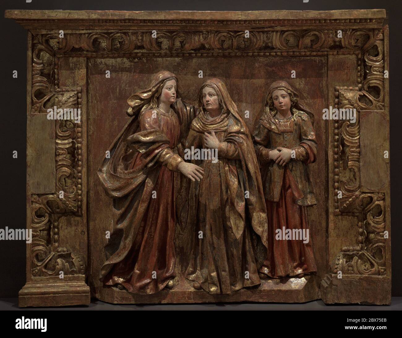 Besuch der Jungfrau Maria bei der heiligen Elisabeth. Geschnitztes polychromes Holz. Erste Hälfte des 17. Jahrhunderts. Zur Ausleihe, Santiago Kathedrale. Museum für Pilgerfahrt und Santiago. Santiago de Compostela, Galicien, Spanien. Stockfoto