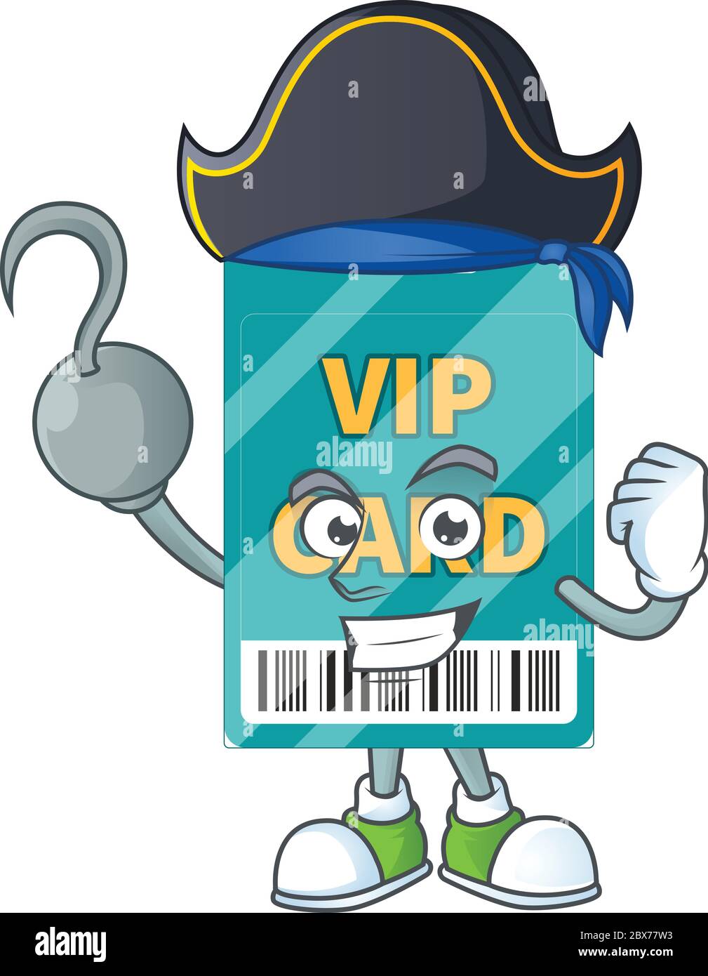 Maskottchen Design-Stil der VIP-Pass-Karte als Pirat mit einem Haken Hand Stock Vektor