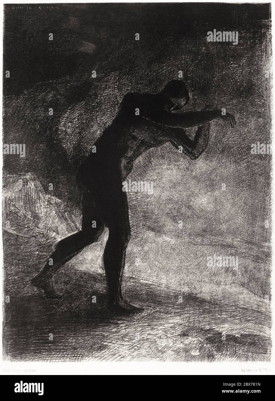 Und der Mensch erschien, die Erde, aus der er hervorgegangen und die ihn anzieht, hinterfragte, Er machte seinen Weg in Richtung düsterer Helligkeit (1883) von Odilon Redon. Stockfoto