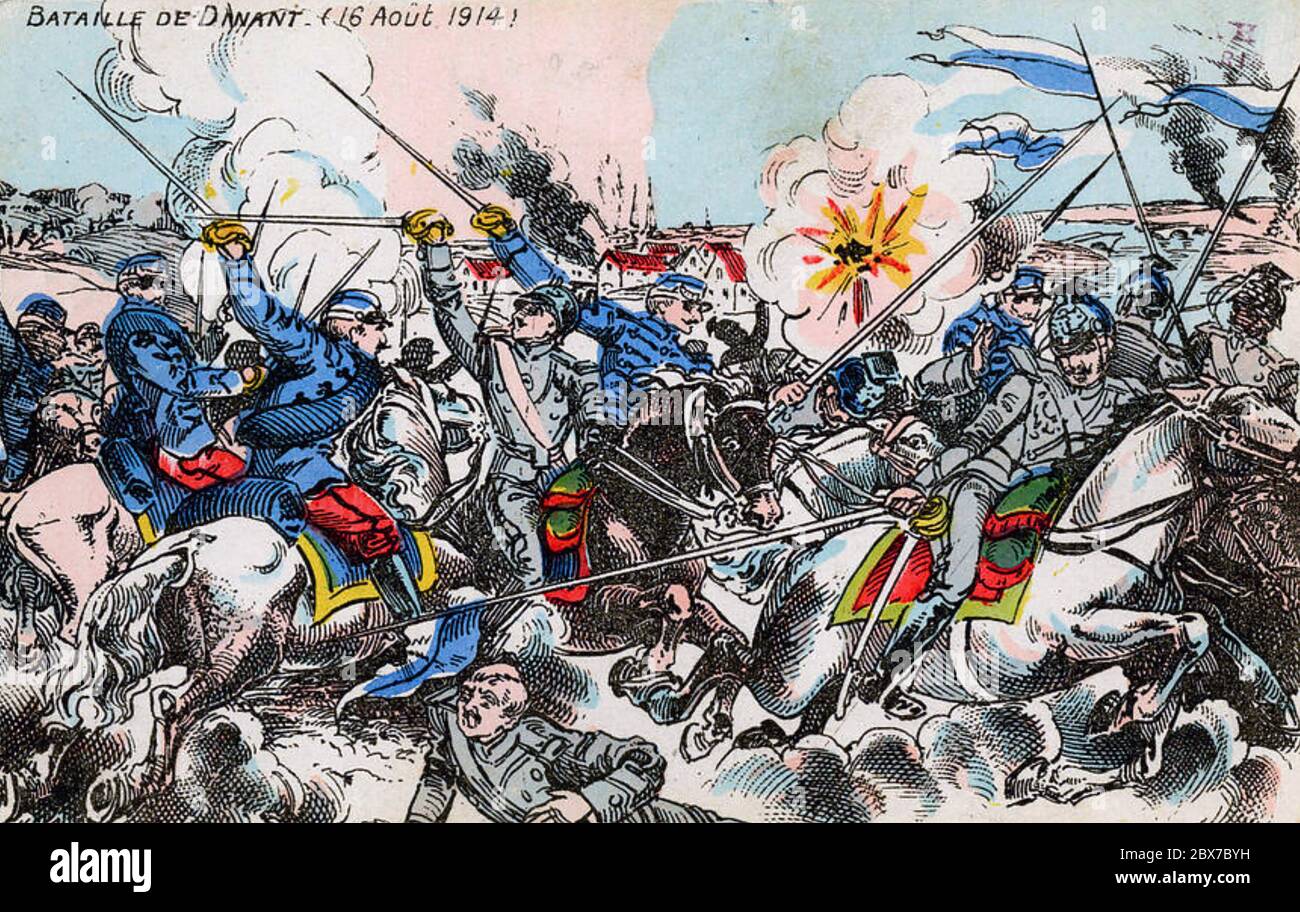 SCHLACHT VON DINANT AUGUST 1914. Phantasievolle Darstellung der Auseinandersetzungen zwischen französischer und deutscher Kavallerie bei Dinant, Belgien, Stockfoto