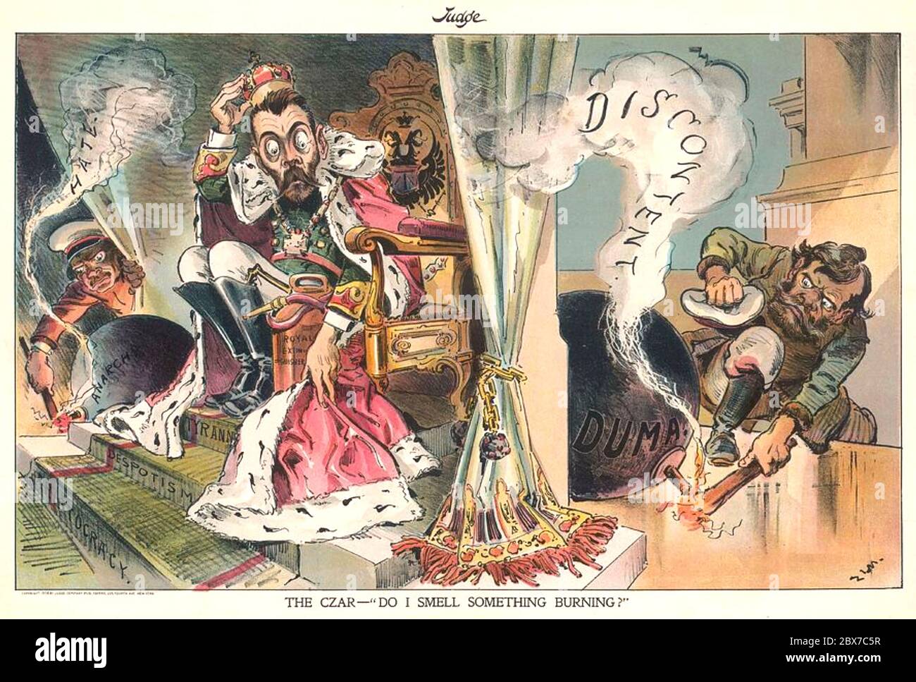 NIKOLAUS II. VON RUSSLAND (1868-1918) steht in einer Karikatur aus der amerikanischen Satirezeitschrift Judge vor Unruhen Stockfoto