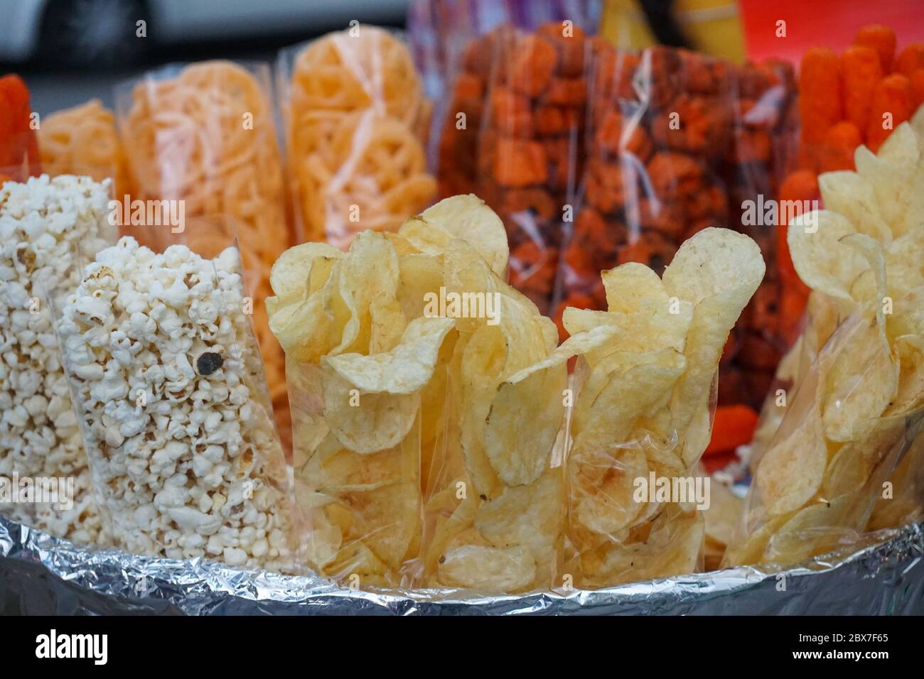 Mexiko Stadt Street Food, Chips und Popcorn Stockfoto