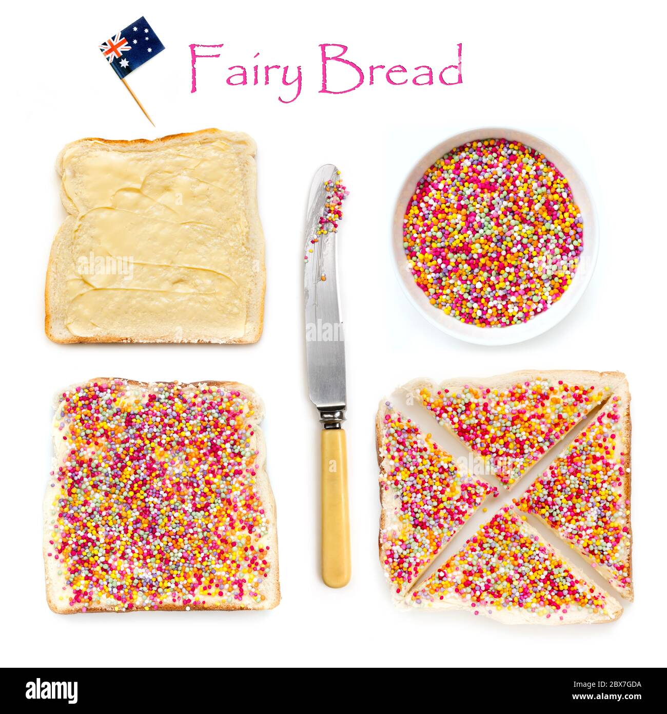 Wie man Fairy Bread, traditionelle australische Kinderparty Essen. Hunderte und Tausende Süßigkeiten streuen auf gebuttertes Weißbrot. Stockfoto