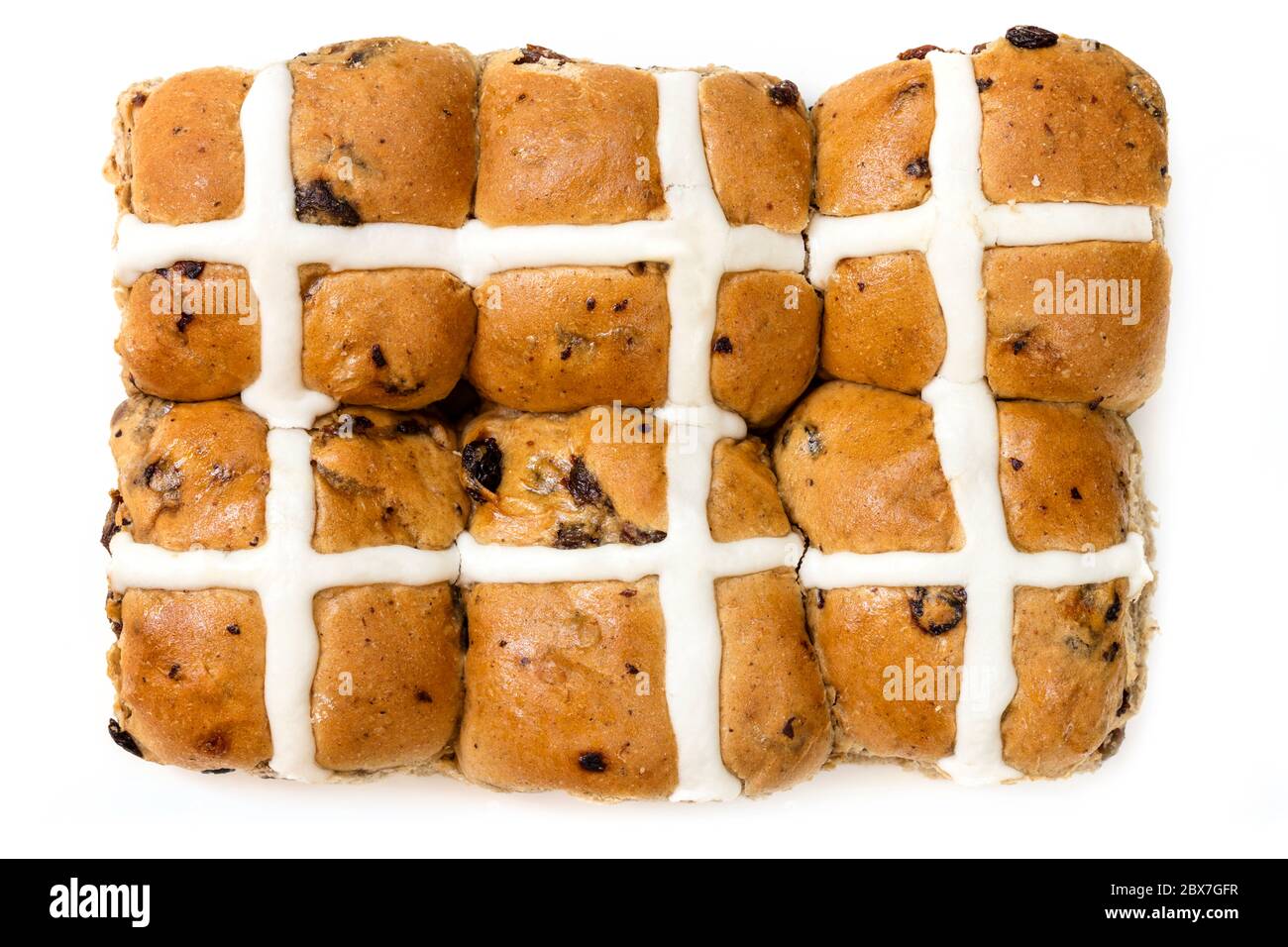Heiße Quer-Brötchen, isoliert auf Weiß. Draufsicht. Sechs Osterfestlichkeiten. Stockfoto