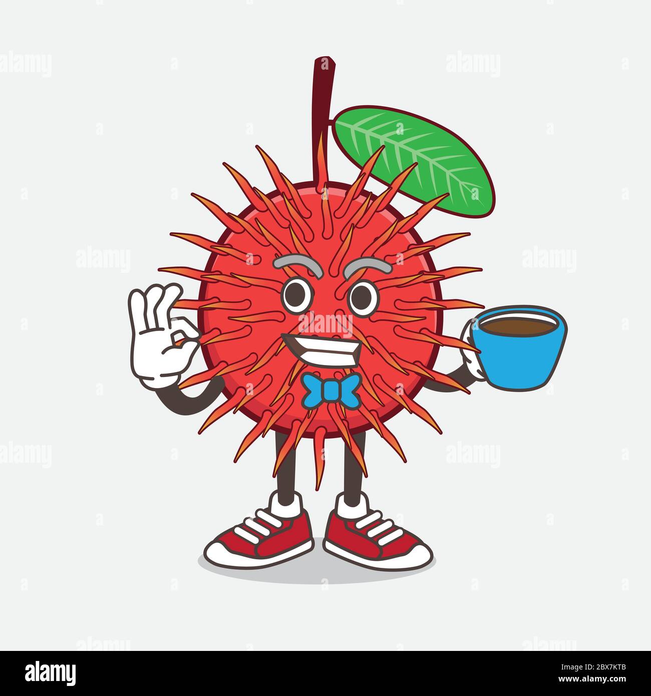 Eine Illustration von Rambutan Obst Cartoon Maskottchen Charakter mit einer Tasse Kaffee Stock Vektor