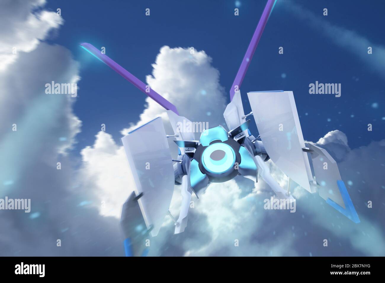 Illustration eines futuristischen blau-weiß gefärbten Sci-Fi-Raumschiff Flugzeug fliegen auf Tageslicht Wolkenlandschaft Hintergrund dritte Person Ansicht. Stockfoto