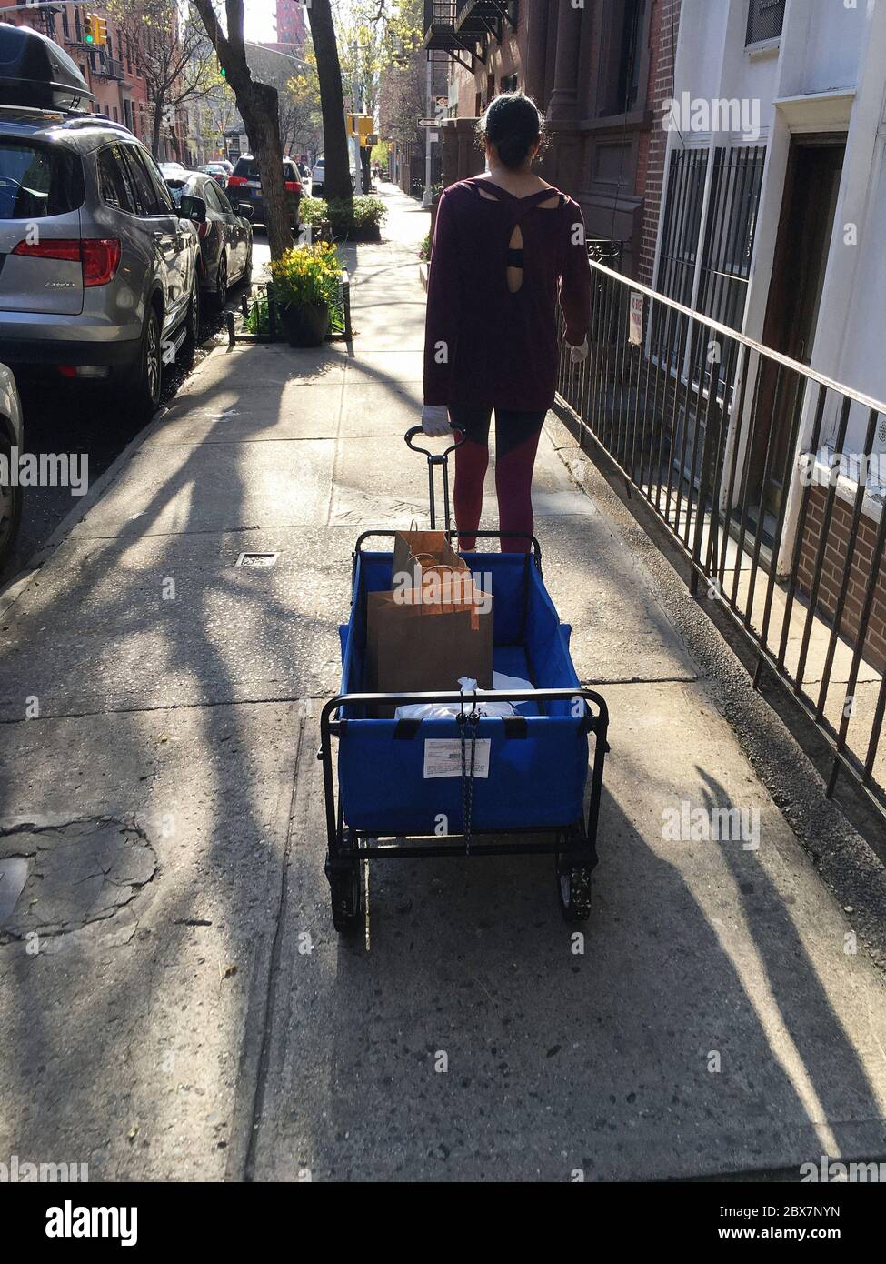 Rückansicht von weiblichen Caterer ziehen Lebensmittelwagen auf Bürgersteig Stockfoto