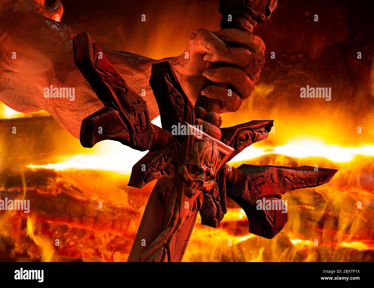 Abbildung einer Dämonenhand mit scharfkantennageln, die einen Schädel gravierten Schwert Nahaufnahme auf Feuer Hintergrund halten. Stockfoto