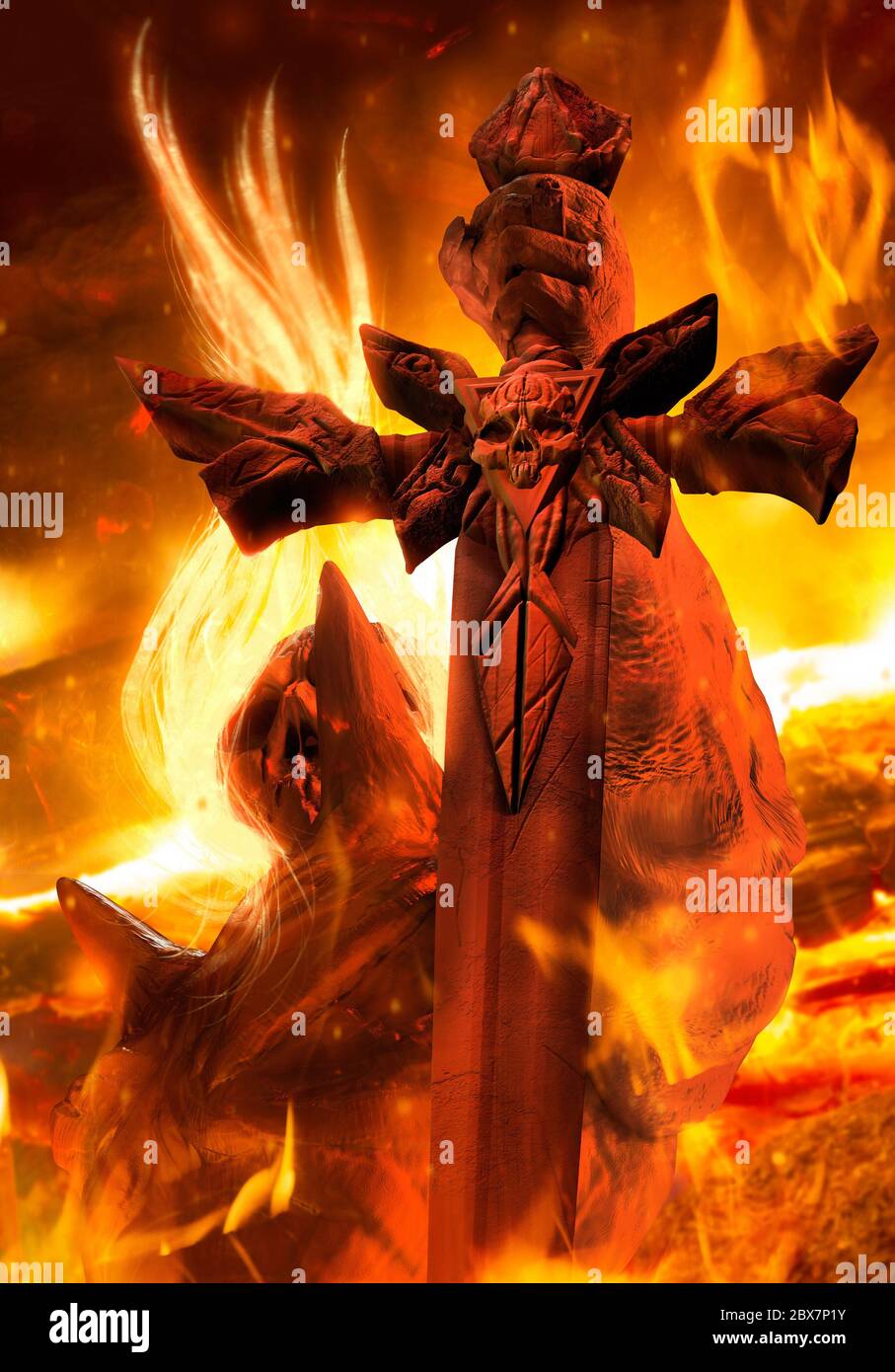 Dämonenprinz mit Feuer Haar mit einem Schädel graviert Schwert auf Feuer höllischen Hintergrund. Stockfoto